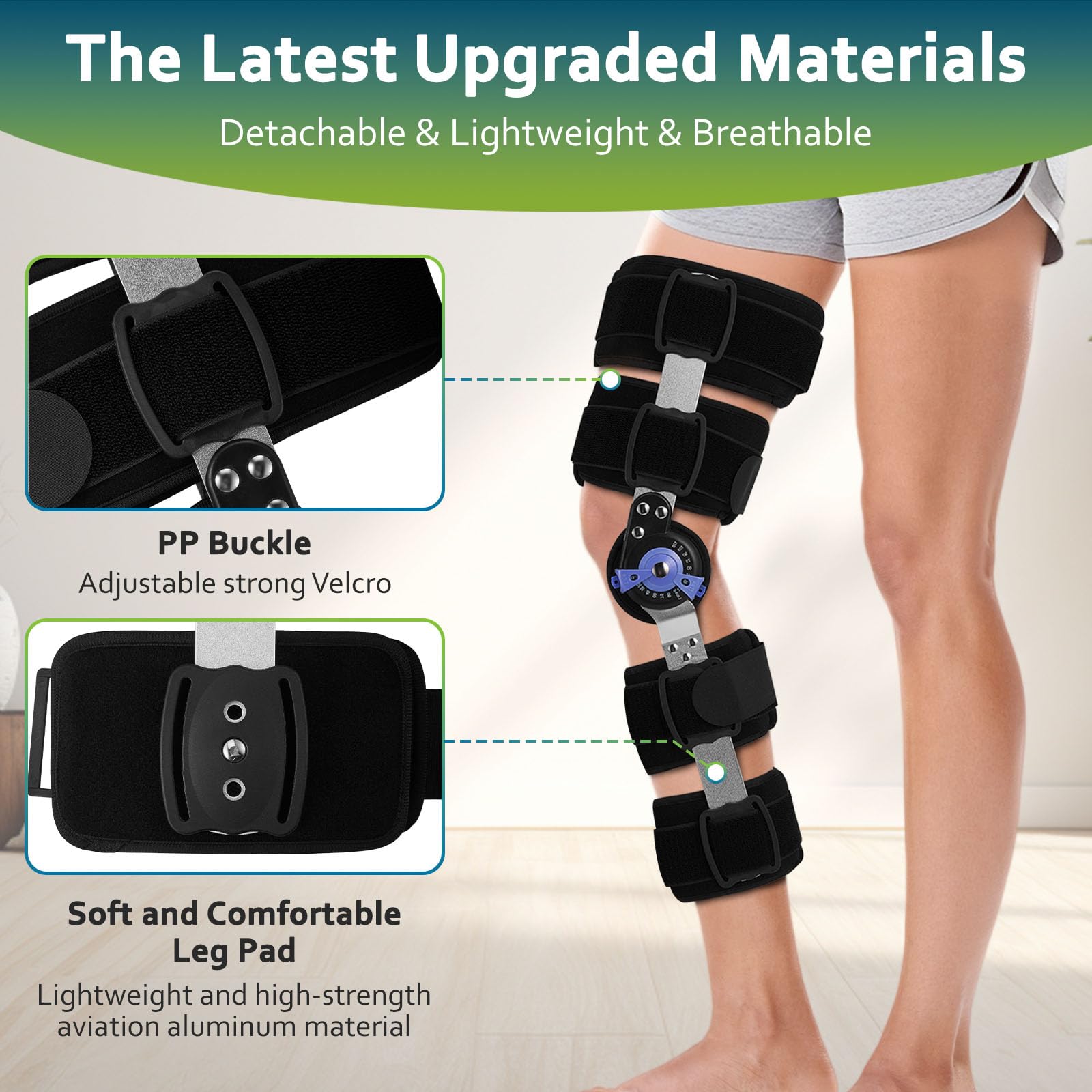 Rodillera ajustable, ROM estable, fijación de rodilla ajustable, inmovilizador de rodilla ajustable con estabilizadores laterales de pierna (altura recomendada: mínimo 160 cm)