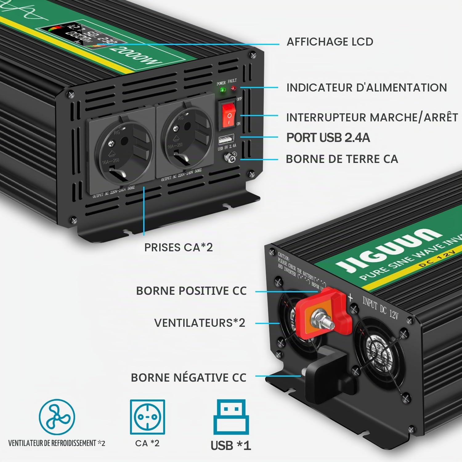 JIGUUN 2000W/4000W Convertisseur 12V 220V Pur Sinus Onduleur transformateur avec Télécommande sans Fil Écran LCD 2 Prises EU 1 Port USB pour Voiture Camping Voyage Urgence