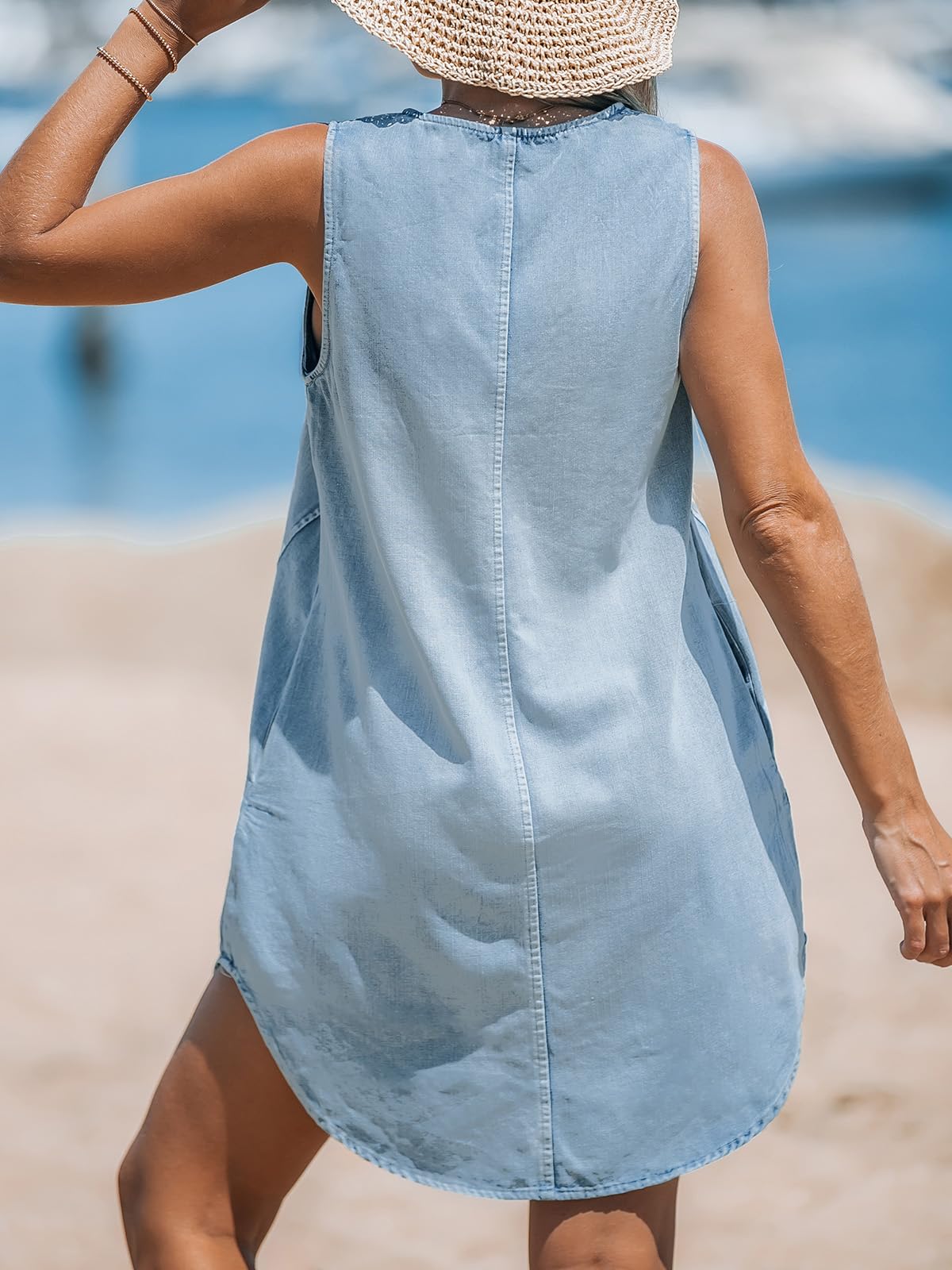 CUPSHE Mini abito da donna, in denim, con scollo a V, senza maniche, casual, estivo, svasato