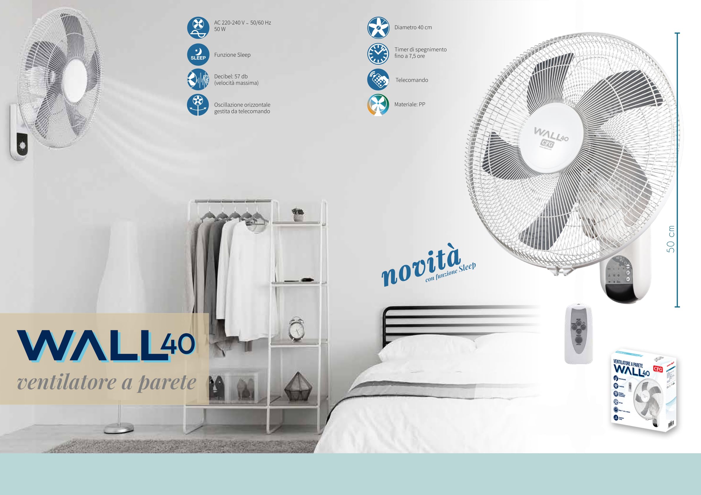 Generico WALL 40 - EV108 - VENTILATORE A PARETE Ø40CM E TELECOMANDO FUNZIONE SLEEP CON OSCILLAZIONE