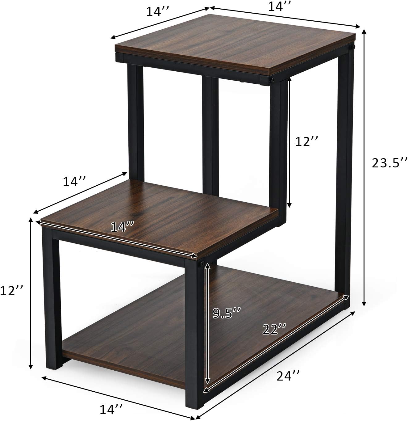 Tangkula 3-Tier Sofa Side Table, Nightstand with Storage Shelf, Sturdy Metal Frame, Ladder-Shaped Chair Side Table, Brown Tabletop Storage Shelf for Living Room or Bedroom (Brown)