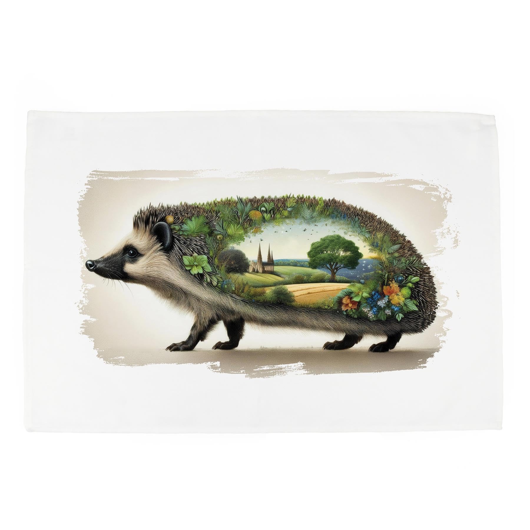 Purely Home Surreal Hedgehog Tea Towel - Landscapes & Countryside Linens Gifts for Animal Lovers - Panama Cotton Kitchen Dish Towel/Drying Cloth - 67cm x 45cm