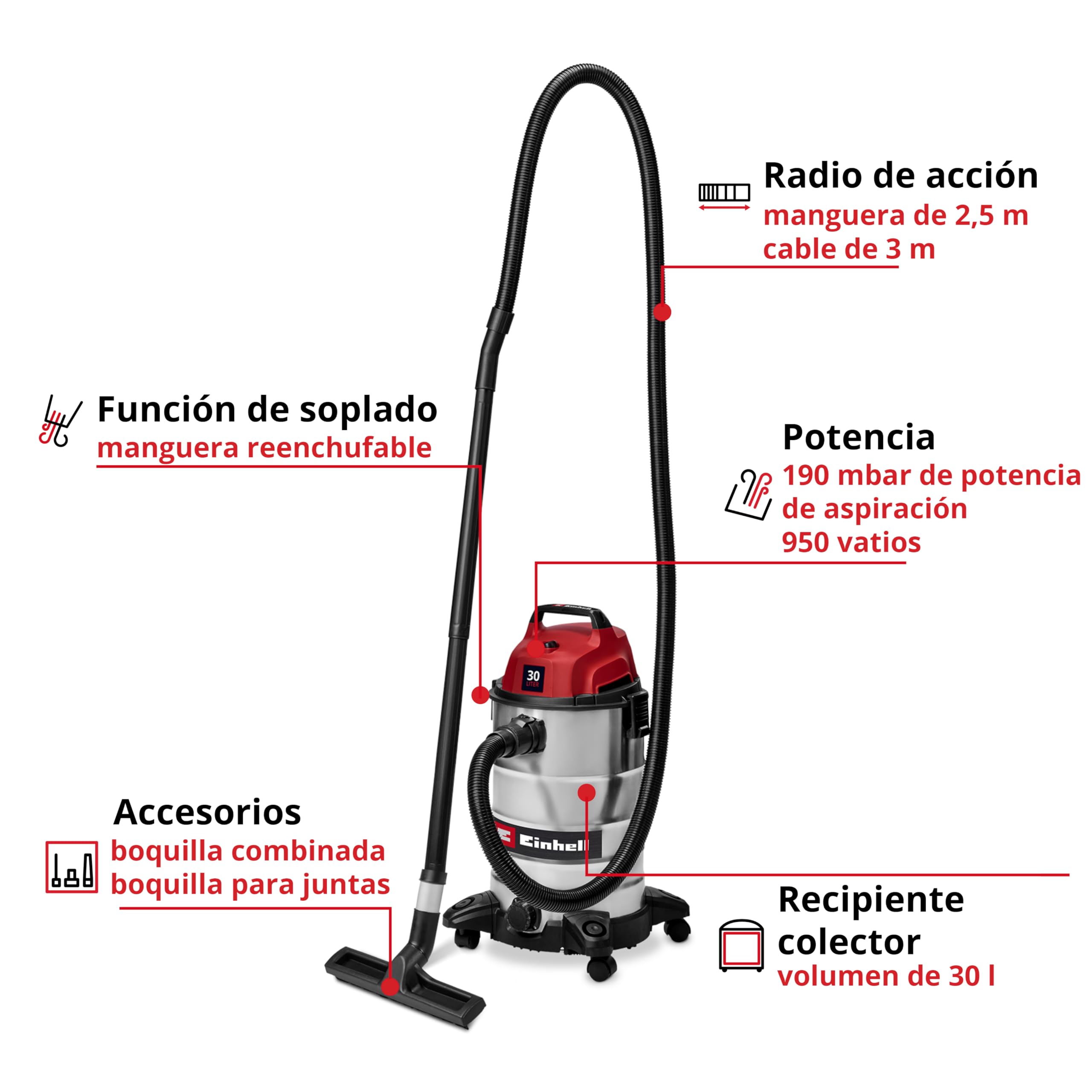 Einhell Aspirador en seco y húmedo TC-VC 3055 S (950 W, 190 mbar de Potencia de aspiración, Recipiente de Acero Inoxidable de 30 L, Ruedas, Soporte para Accesorios, Incl. DIV. filtros y boquillas)