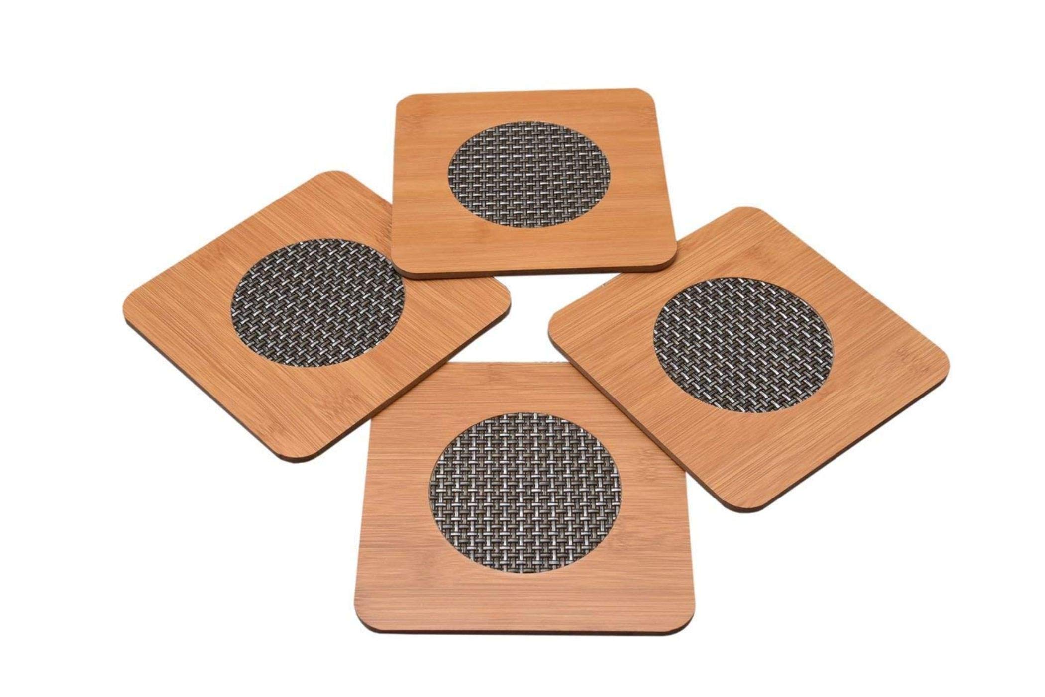 EASYMARTSquare Shape Heating Insulation Resistant Natural Bamboo Wooden Coaster Heat Table Ware Pad Place mat for Hot Coffee,Bowl Tea Cup, Home, Kitchen Dining Pan Pot Holder (Pack of-4)