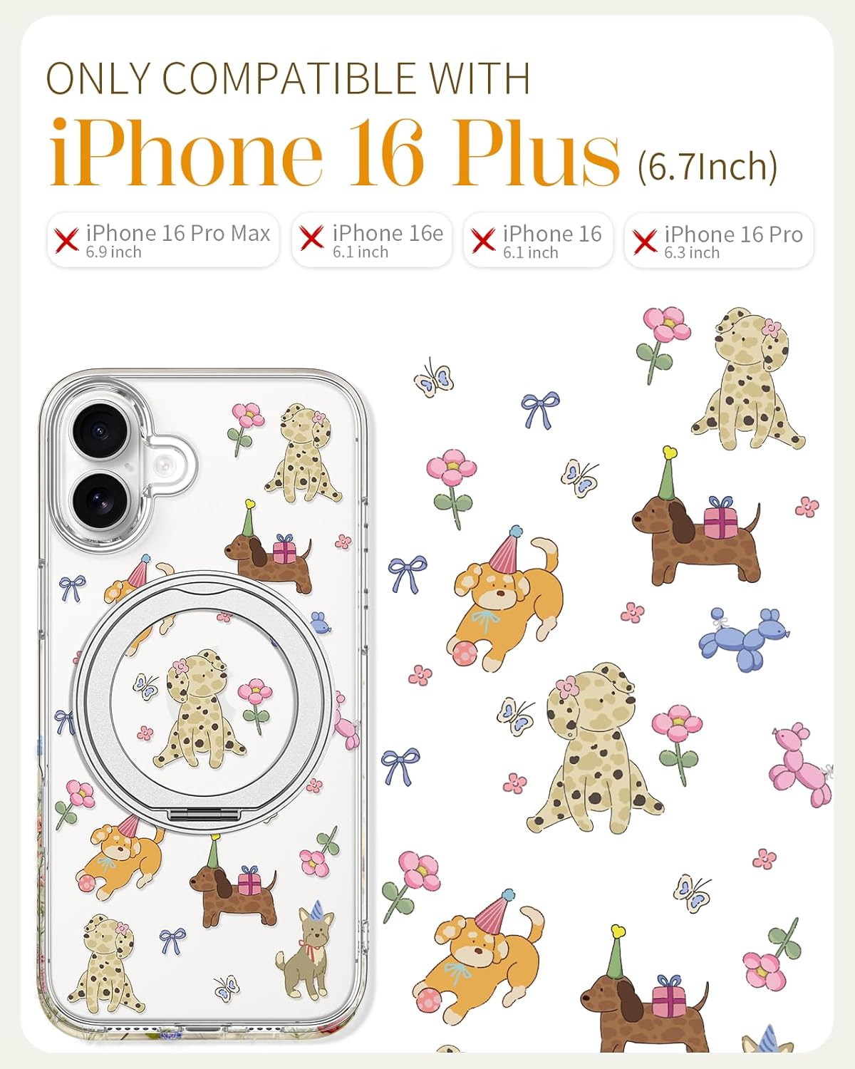 Loheckle for iPhone 16 Plus Case with Stand- Compatible with MagSafe Women Girls Cute Clear Girly Aesthetic Unique Design Soft TPU Magnetic Ring Phone Cover for Apple 16 Plus, Dogs - Image 2