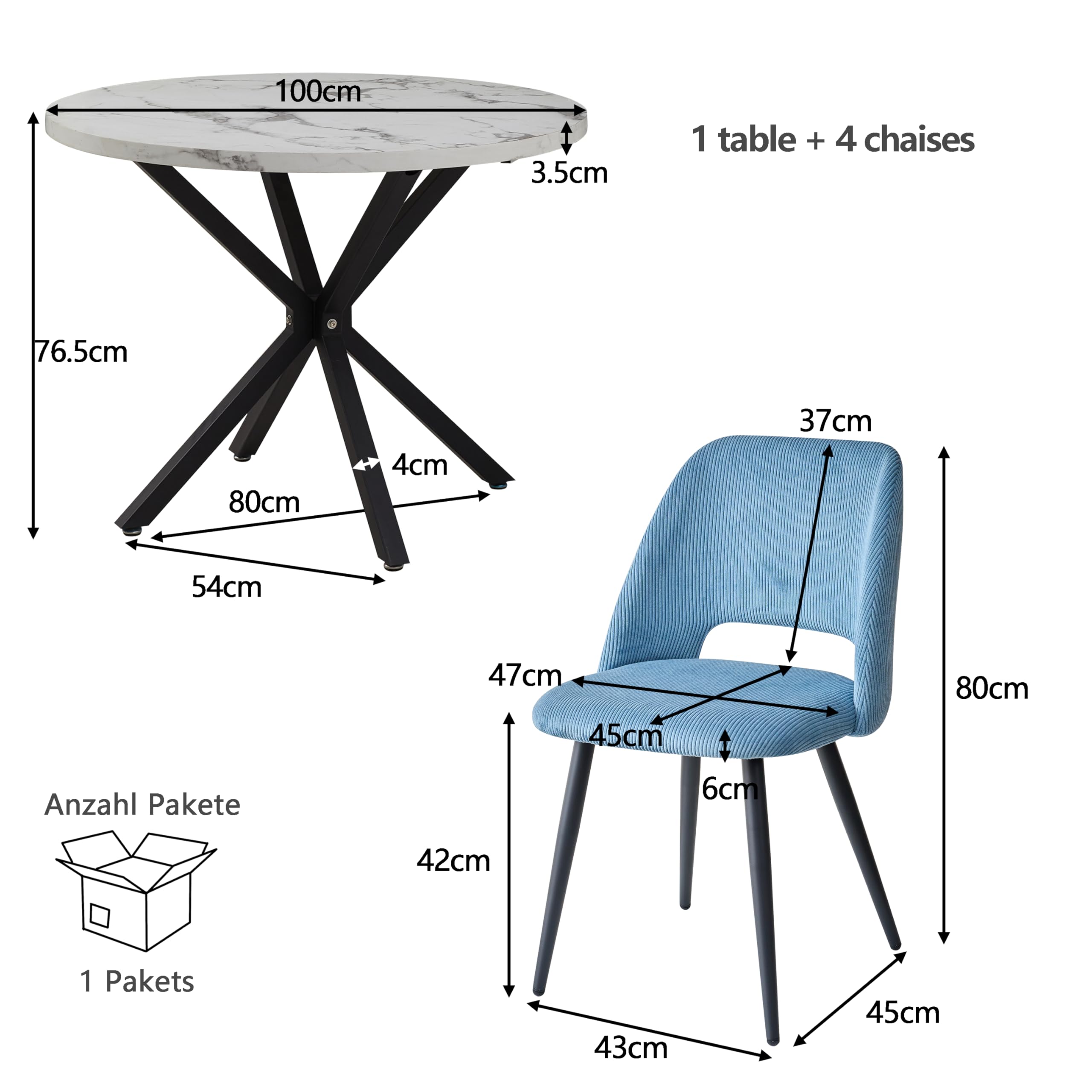Esstisch und Stuhlset, 100 cm Runder MDF Esstisch, 4 Gepolsterte Küchenstühle aus Cord mit Hohlrückenlehne, für Esszimmer, Wohnzimmer, Küche (Marmormuster-BK+ Blau)
