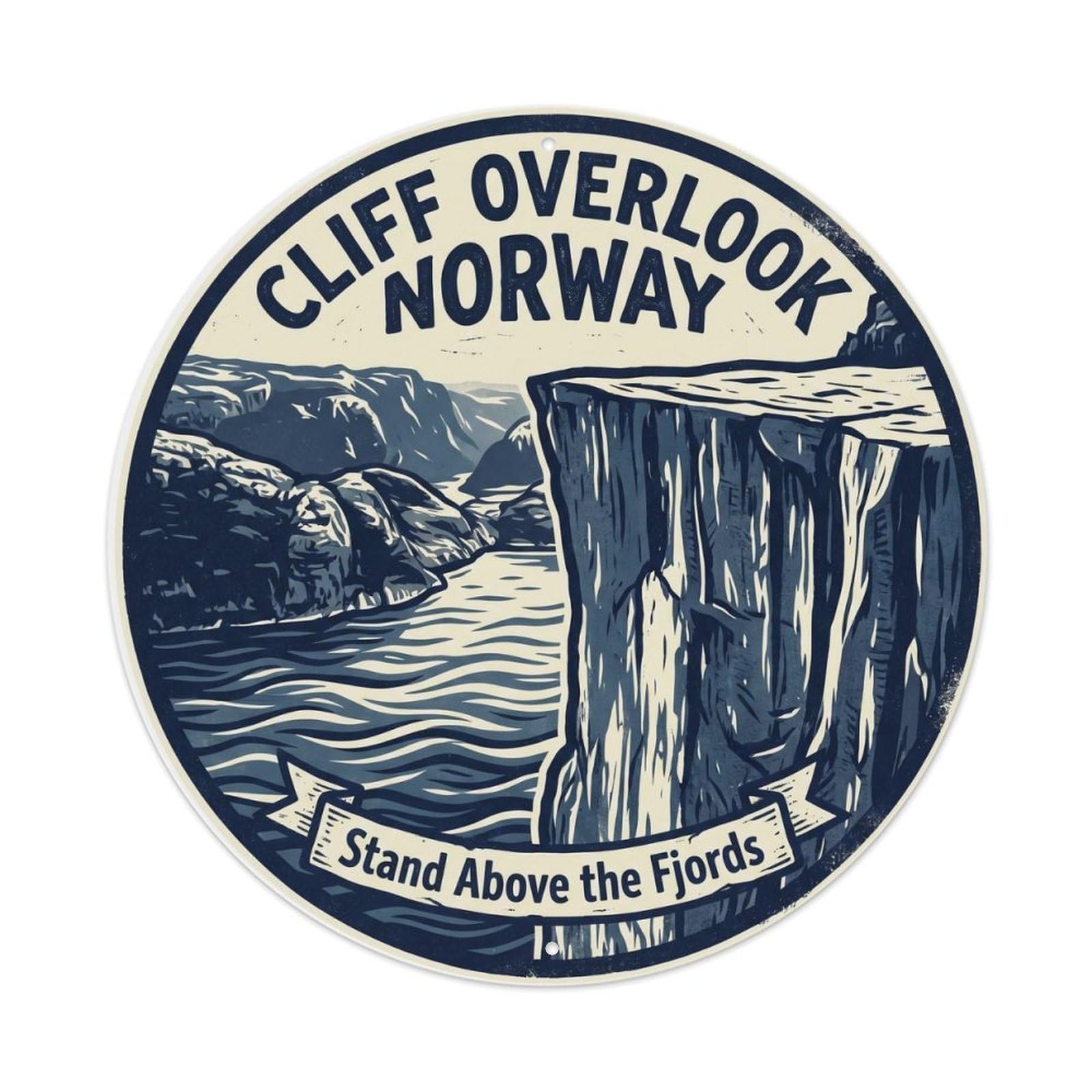 Vintage Travel Cliff Overlook Norway Fjord Metal Tin Sign