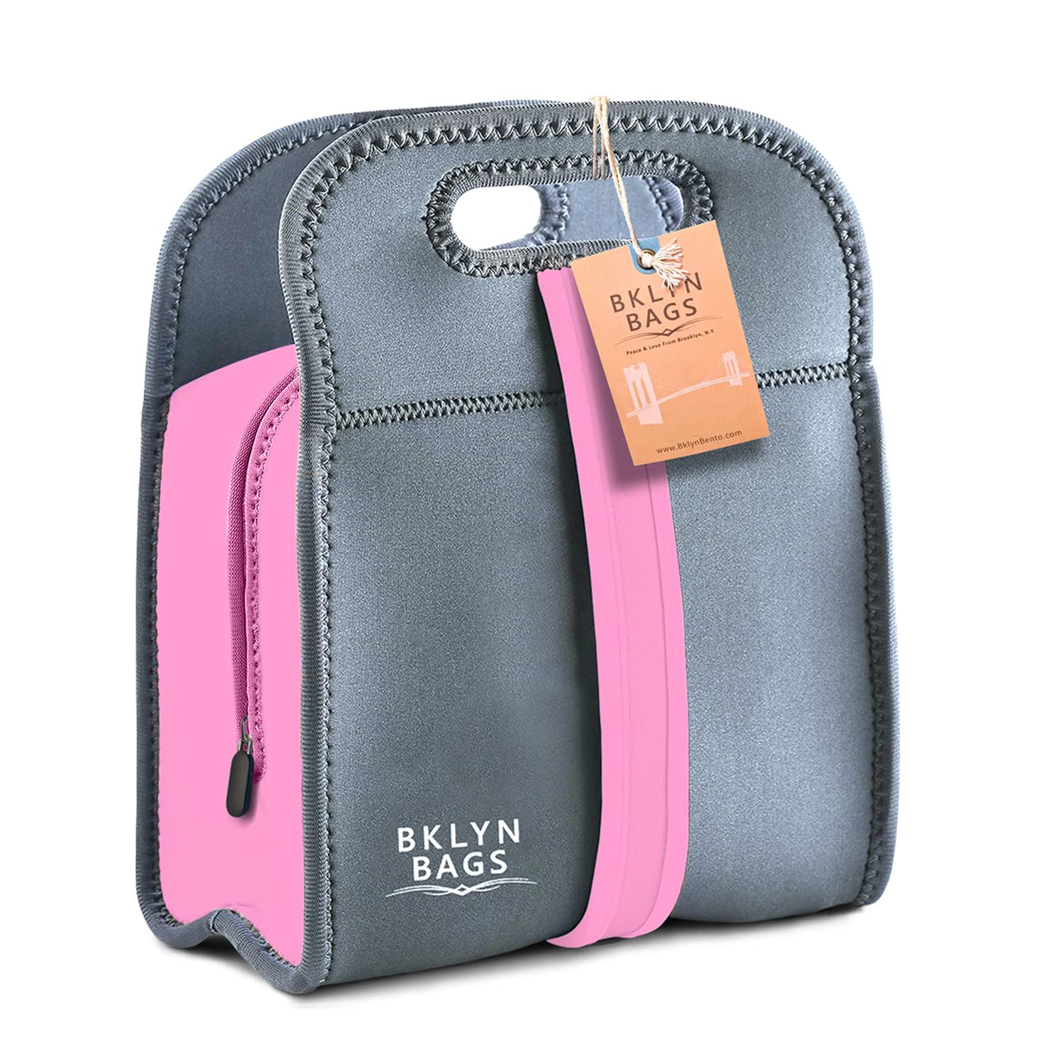 BKLYN BENTO PEACE & LOVE FROM BROOKLYN, N.Y.Neoprene Lunch Bag, Pink/Grey, Unisex, Meal Holder, Easy to Clean, Comfortable Handle and Shoulder Strap, Eco-Friendly