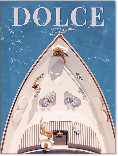 Jefuzh Póster de Dolce Vita de Yate Azul de los años 70 para pared, lienzo playero de verano, impresiones de moda de vaquera costera para decoración