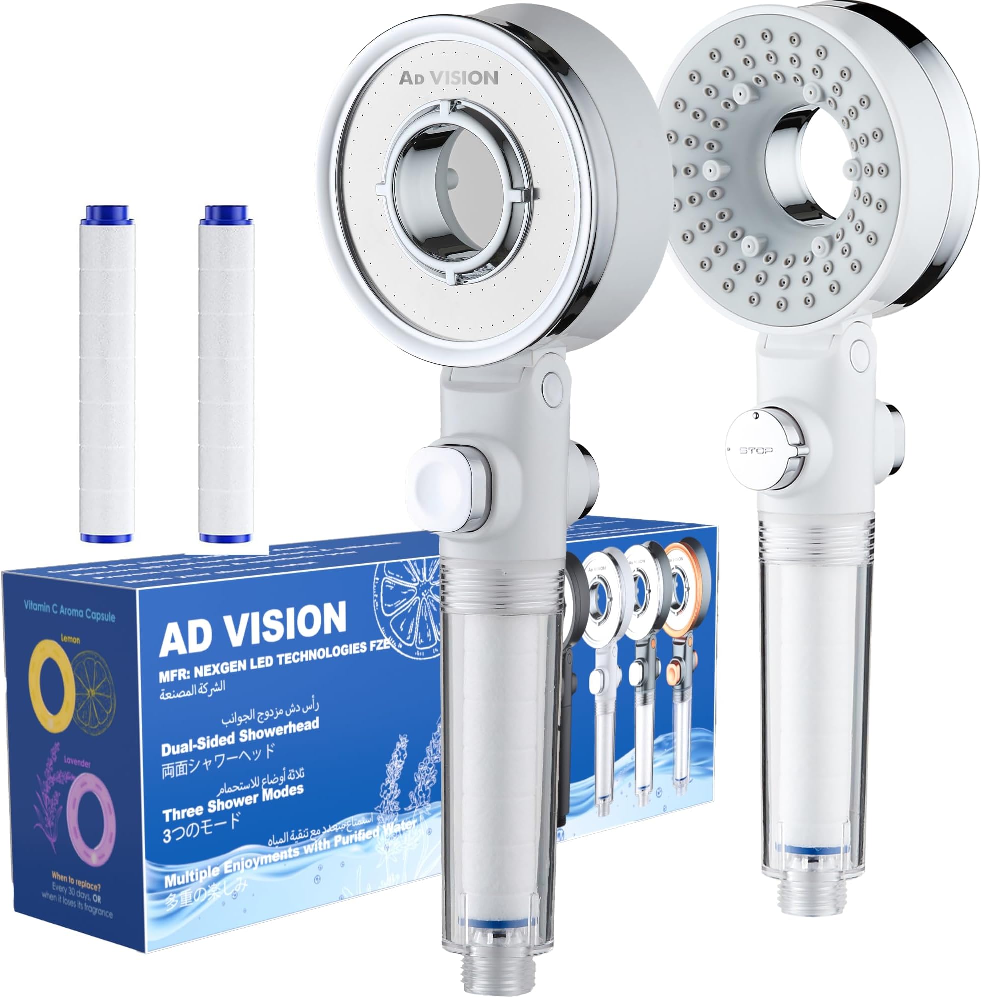 AD-VISION Filtered Shower Head Removes Chlorine, For Hard Water & Hair Loss High Pressure Shower Head Filter, 3 Modes & Rain Spray, Pause & Flow Control, white 1+1 Shower Filters cartridge