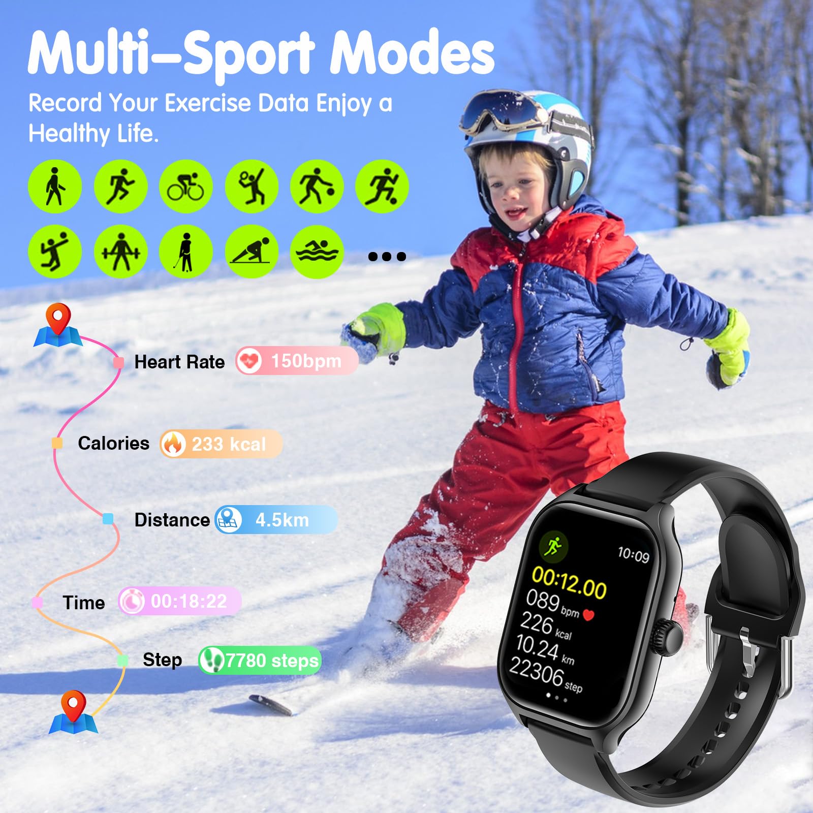 Fitness Tracker Montre Intelligente pour Enfants, Montre Connectée avec Assistant Vocal d'appels Bluetooth,Sport, Moniteur de Sommeil, Podomètre, Montre Sport pour iOS Android