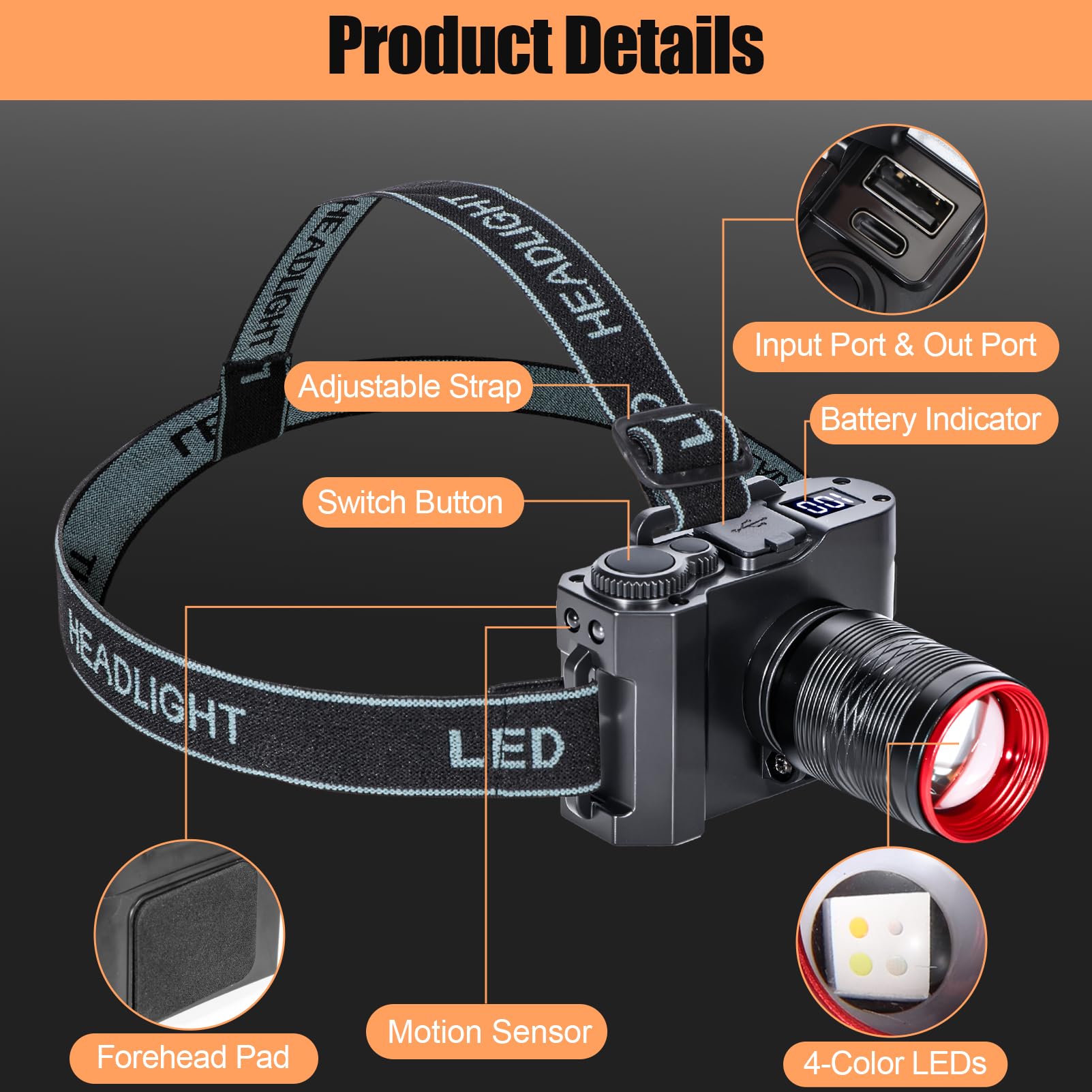 Lampe frontale LED 5 modes, tête lumineuse télescopique et réglable, perles LED 4 couleurs, phare mains libres super lumineux pour camping, randonnée, réparation, travail en plein air et