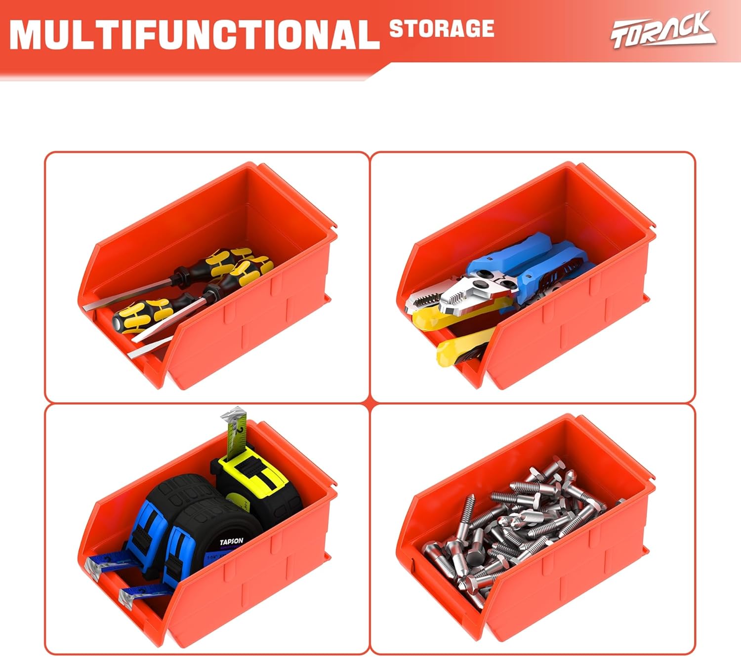 TORACK Wall Mounted Storage Bins, 16 Plastic Bins for Tools Organization in Garage, Craft Room, Shop(4-Pack, Orange-red)