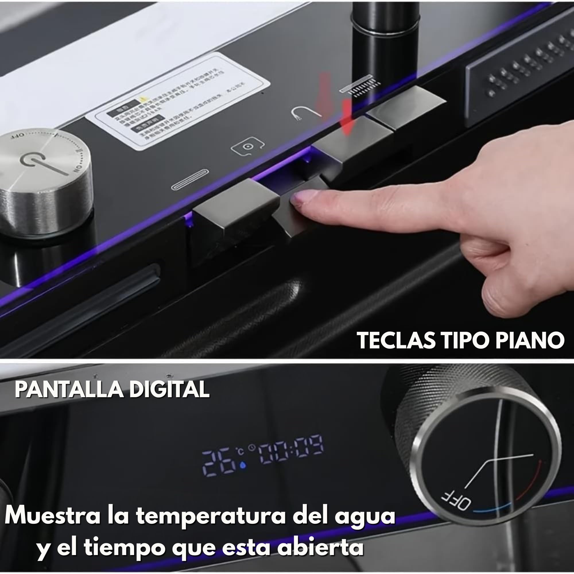 LUMS Fregadero de Cocina Multifuncional Acero Inoxidable Negro, Fregadero 1 Seno con Grifo Cascada, Pantalla Digital y Luz LED, Incluye Lava Vasos y Accesorios