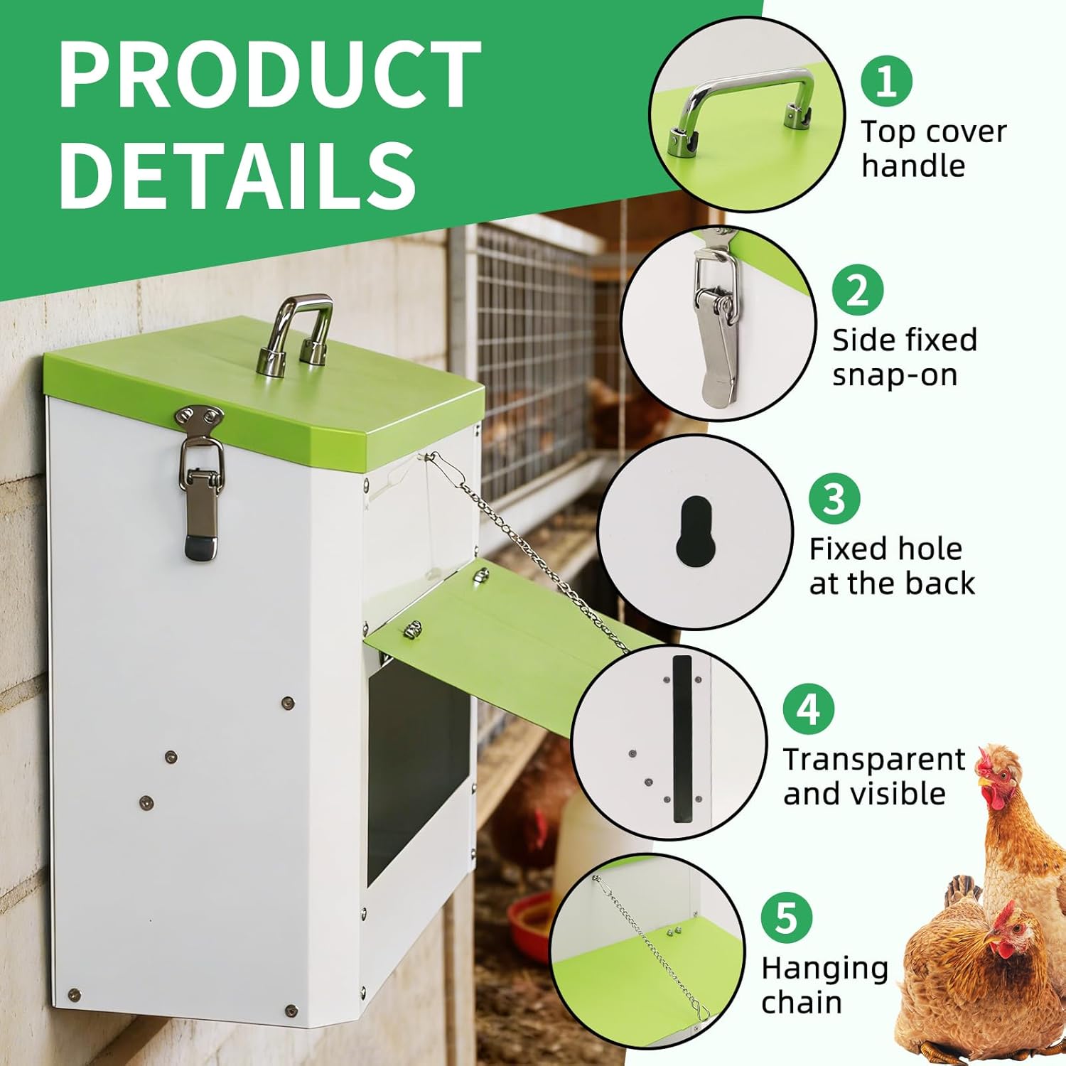 22 lb Chicken Feeder Wall Mount Metal Automatic No Waste，Hanging Food Dispenser with Secure Locking Lid Upgraded Window Design，Weatherproof Food Dispenser for Chickens and All Poultry