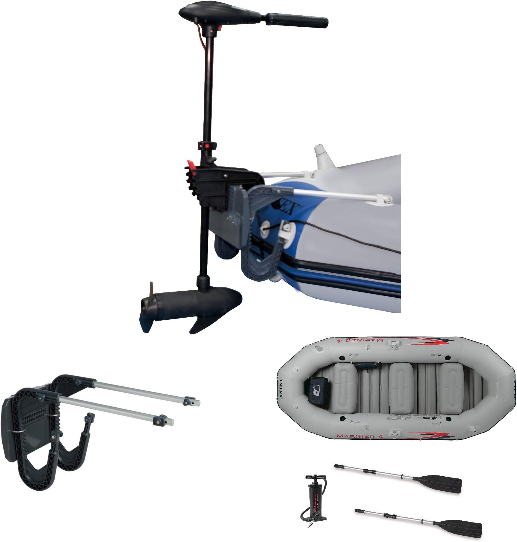 INTEX 12 Volt 8 Speed Transom Trolling Motor Bundled with Motor Mount Kit and Mariner 4 Person Inflatable Fishing Boat & Accessories Set
