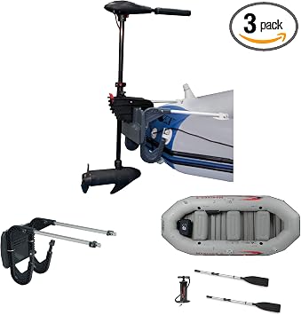 INTEX 12 Volt 8 Speed Transom Trolling Motor Bundled with Motor Mount Kit and Mariner 4 Person Inflatable Fishing Boat & Accessories Set