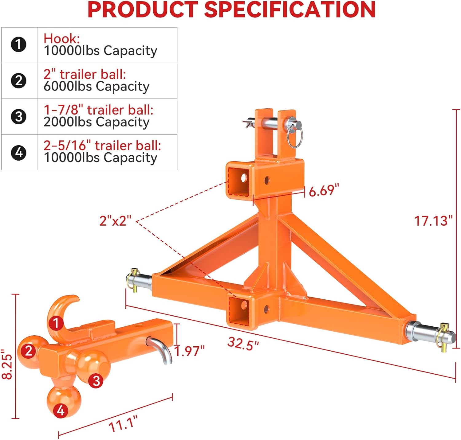 Orange 3 Point Hitch Receiver Dual 2” Receiver with Tri-Ball & Hook, Heavy-Duty 3 Point Quick Hitch Category 1, 3 Point Hitch Attachments Fit Gooseneck, 5th Wheel & Ball Hitch, Fit Category 1 Tractor