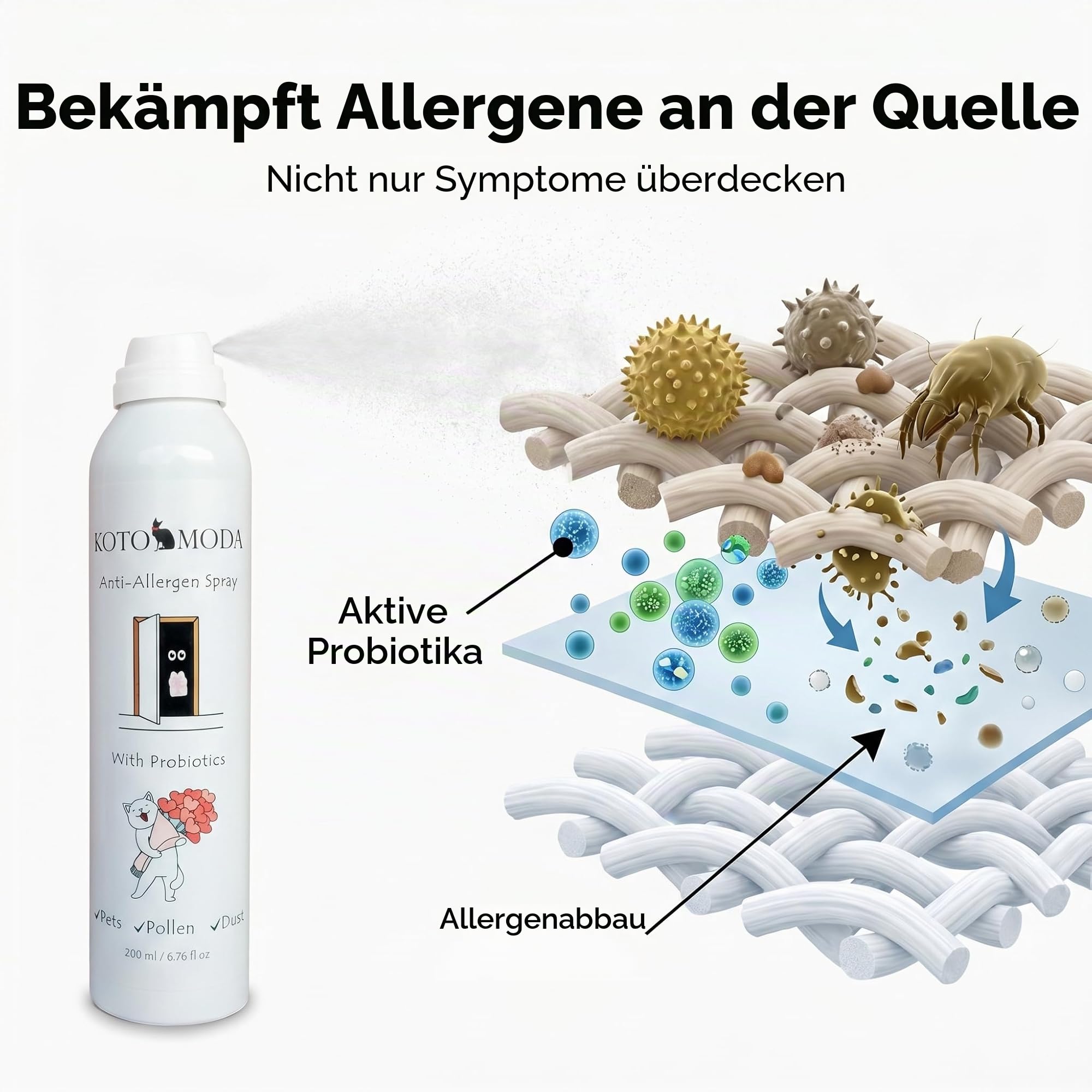 Probiotisches Anti-Allergie-Spray für Katzenbesitzer 200 ml — Neutralisiert das Fel-d-1-Allergen auf Teppichen, Sofas und Betten — Sicher für Katzen, Hunde und Kinder — Biotech-Probiotikum