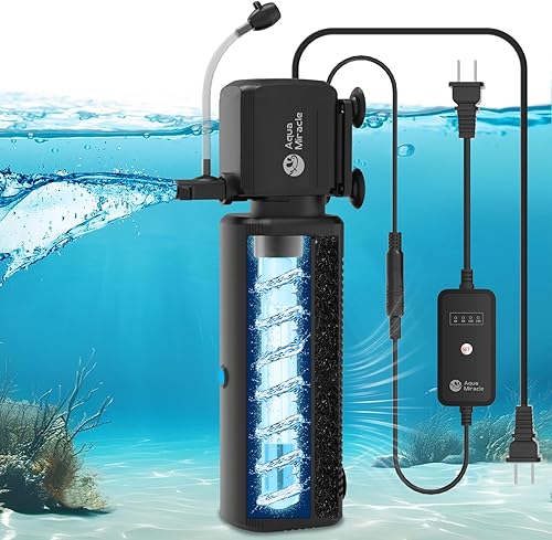 Miniatura 11 de AquaMiracle Filtro de acuario con luz U - V y esponja de filtro, filtro de tanque de peces con temporizador para agua verde, filtro de tortuga