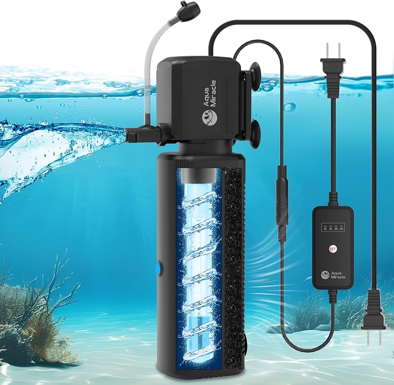AquaMiracle Filtro de acuario con luz U - V y esponja de filtro, filtro de tanque de peces con temporizador para agua verde, filtro de tortuga con modo de aireación y lluvia para acuario de 80-200