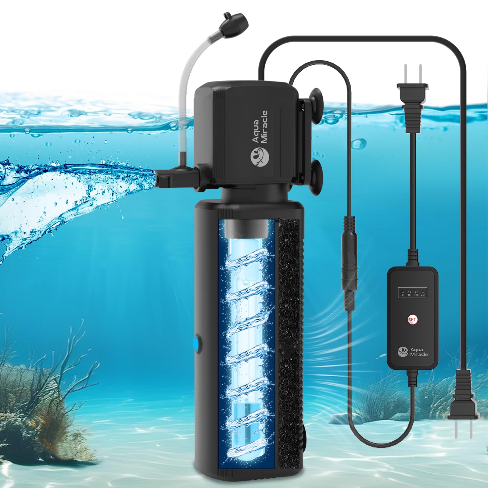 AquaMiracle Aquarium Filter with U - V Light & Filter Sponge, Fish Tank Filter with Timer for Green Water, Turtle Filter with Aeration & Rainfall Mode for Aquarium 60-150 Gallon