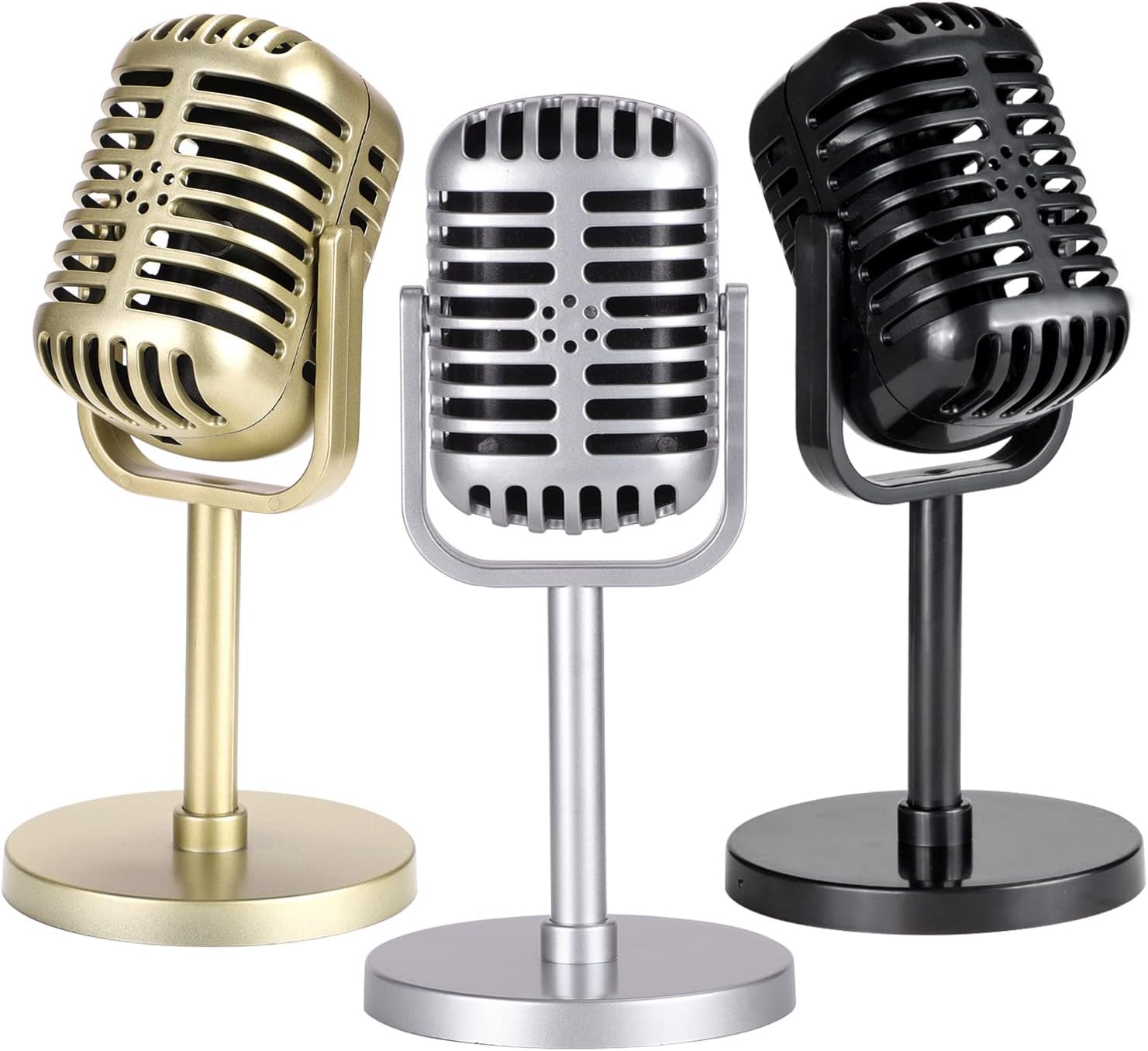 Facmogu 3 Pack Vintage Microphone Prop, Plastic Fake Microphone, Retro Microphones for Costume & Role Play, Antique Mic Stage Table Decor Party Favors Black & Gold & Silver