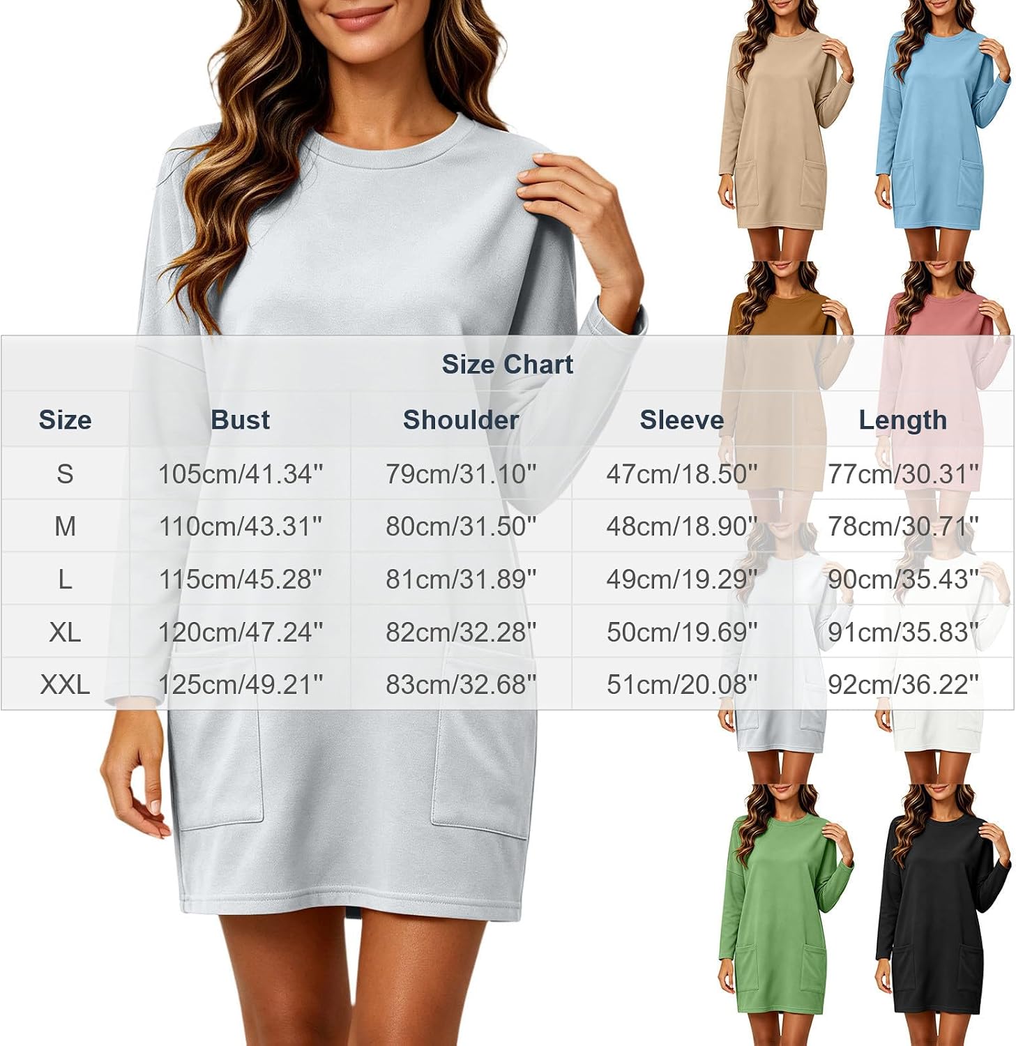 Women Mini Dress Long Sleeve Crew Neck Patch Pockets Loose Dresses
