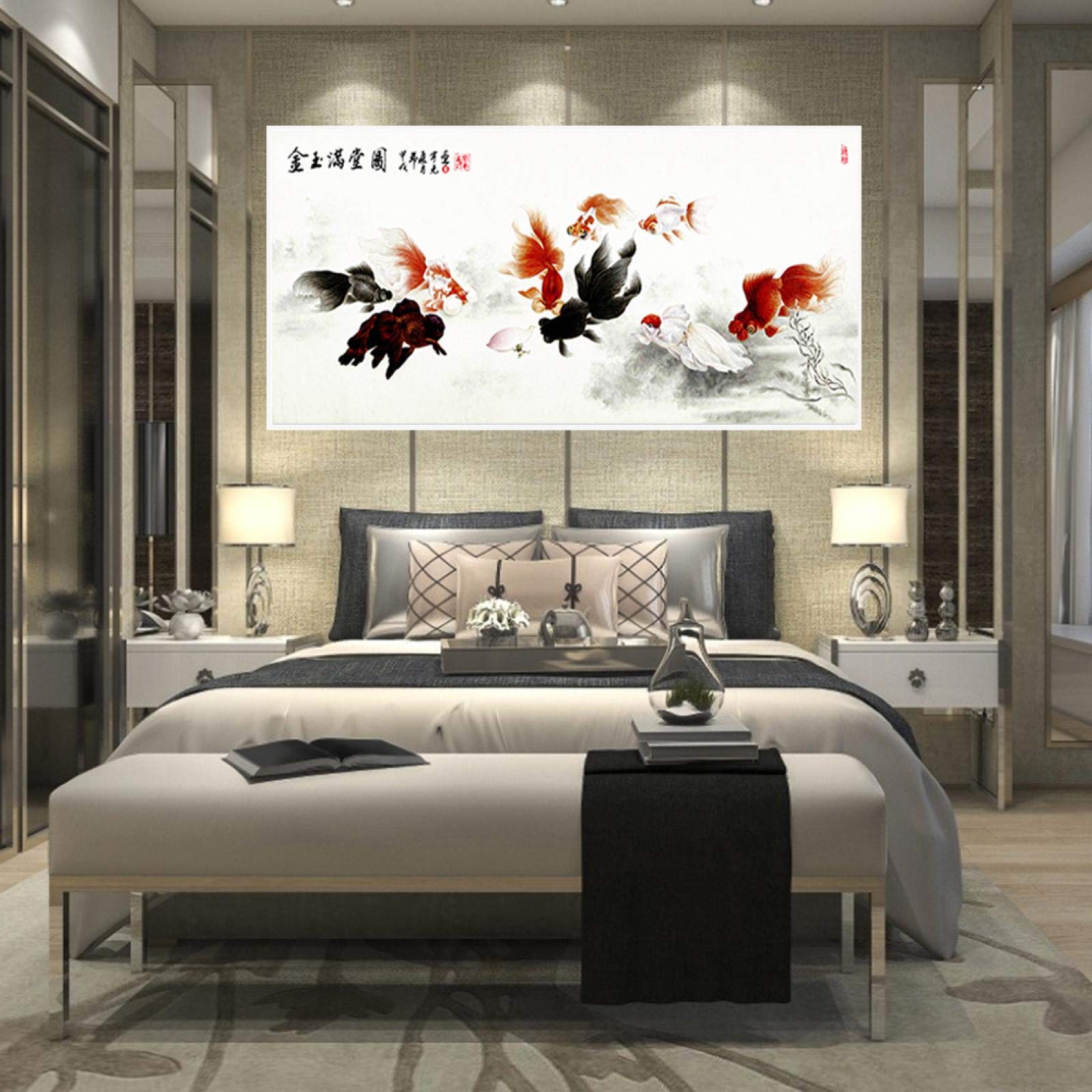 Tradycyjny chiński napis obraz dziewięć złota rybka sztuka ścienna plakat płótno dekoracja vintage do salonu mural 60 x 120 cm bez ramy