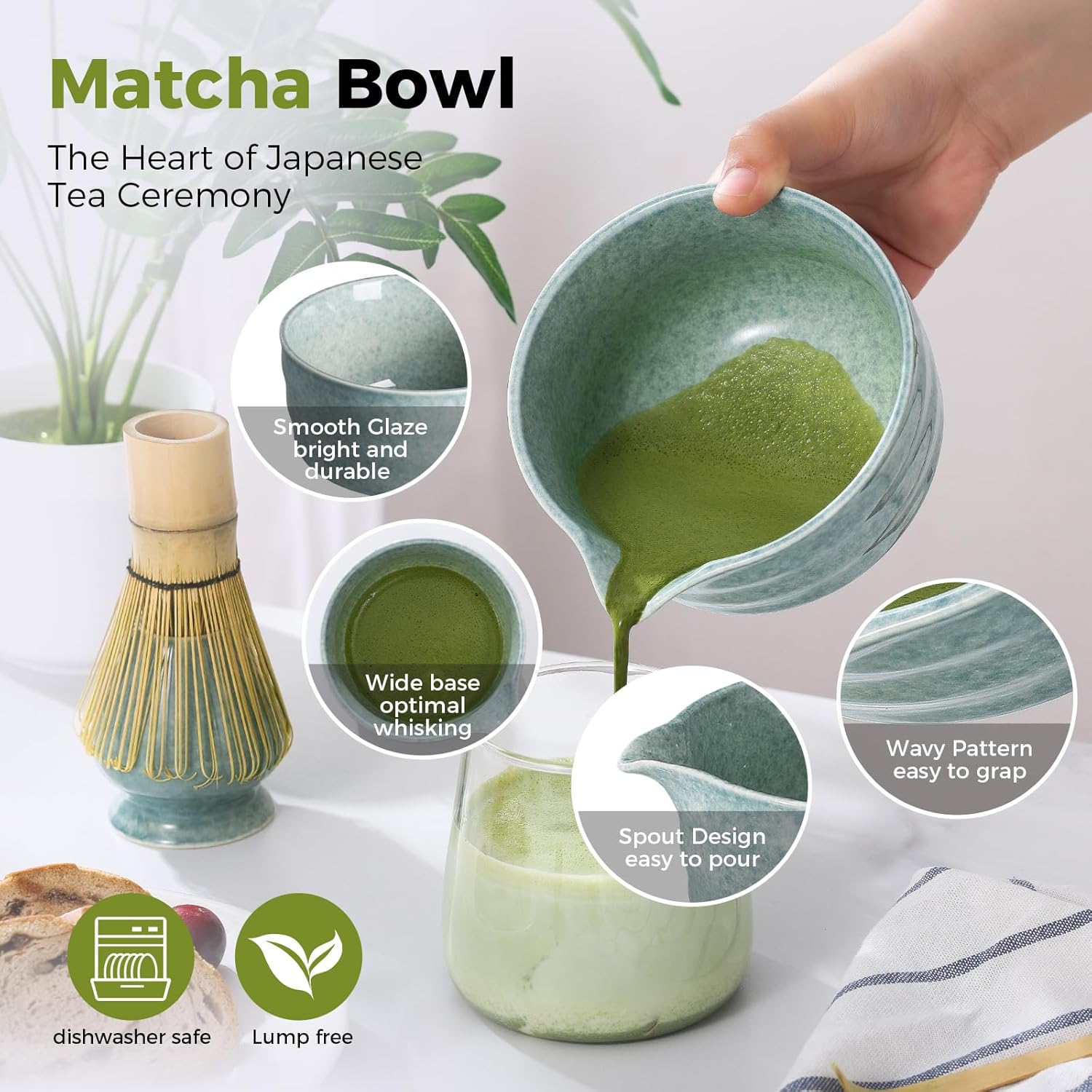 Matcha Whisk Set - Bamboo Whisk and Holder, Bowl with Spout (17 oz), Matcha Sifter and Scoop, 5 Pcs Cute Matcha Kit Set Gift for Matcha Lovers (Bluish Green) - Image 3