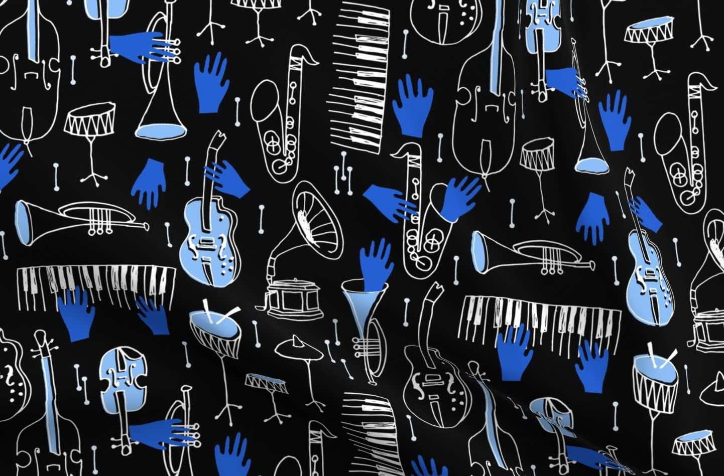 Spoonflower Fabric - Blue Musical Jazz Music Blues Piano Trumpet American Bass Printed on Upholstery Velvet Fabric Fat Quarter - Upholstery Home Decor Bottomweight Apparel