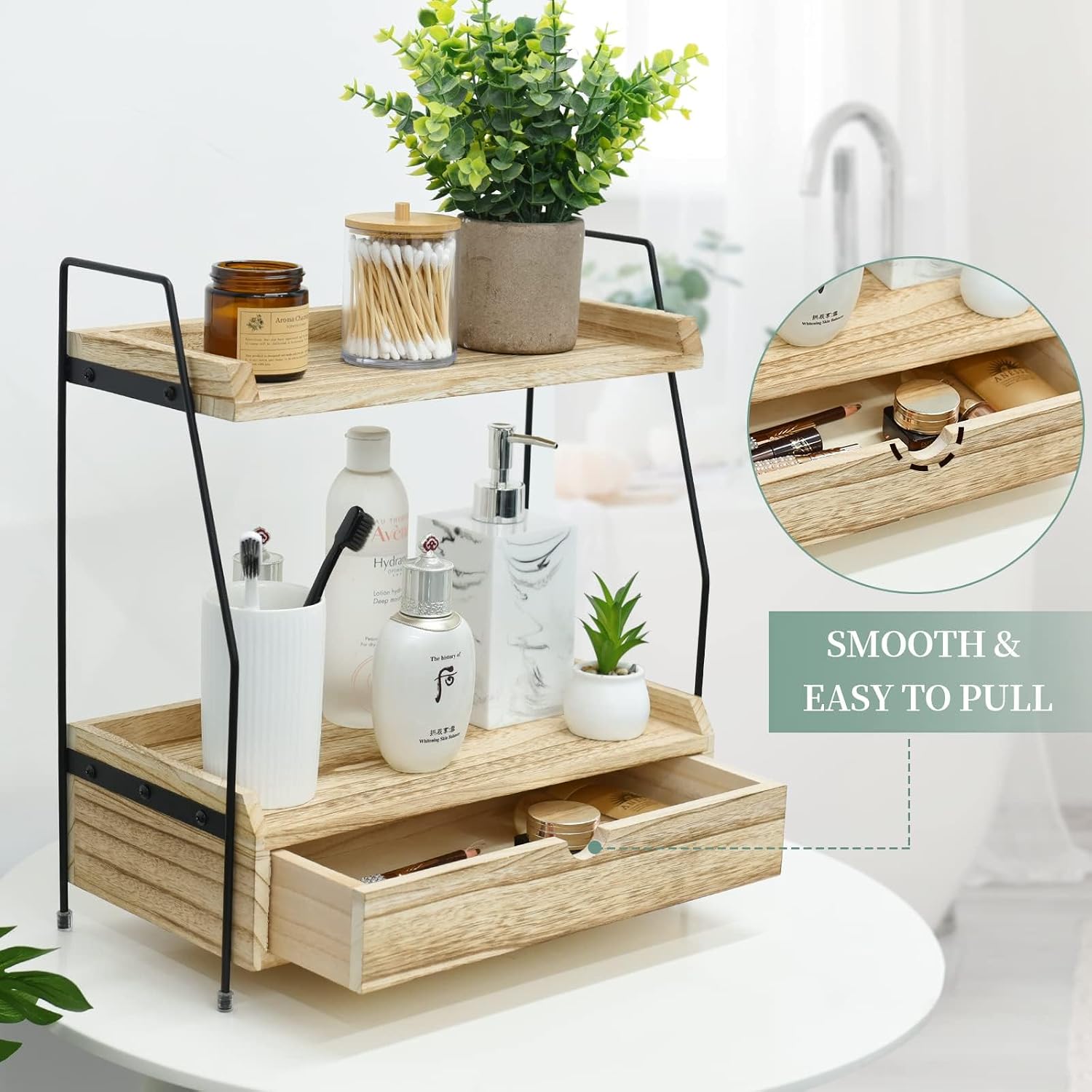 ROPALINS 2-tier wood bathroom counter organizer with drawer and removable basket