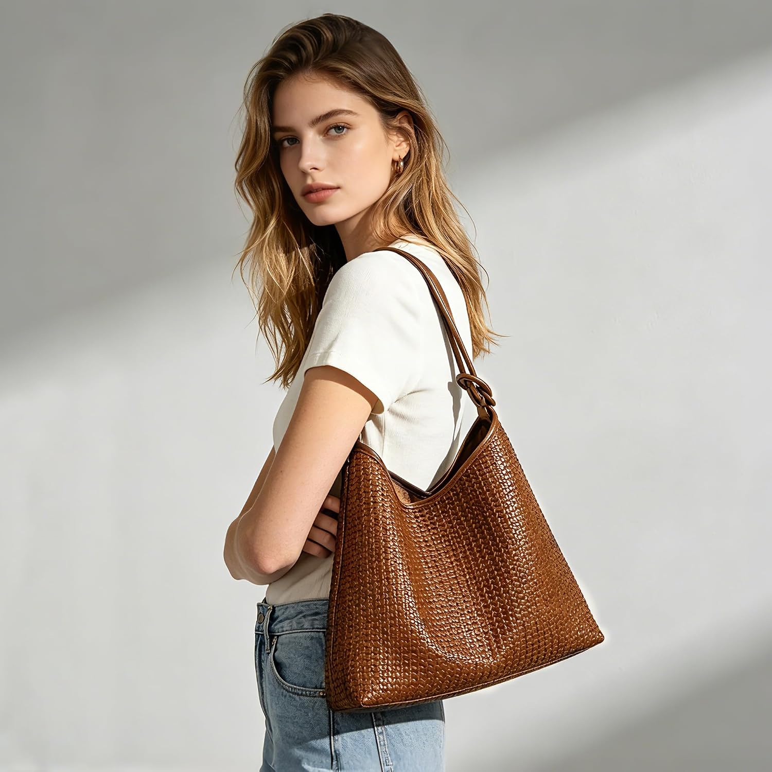 2-Piece Woven Texture Hobo Bag Set Vintage Vegan Leather Tote & Clutch Large Capacity Shoulder Bag for Daily Travel