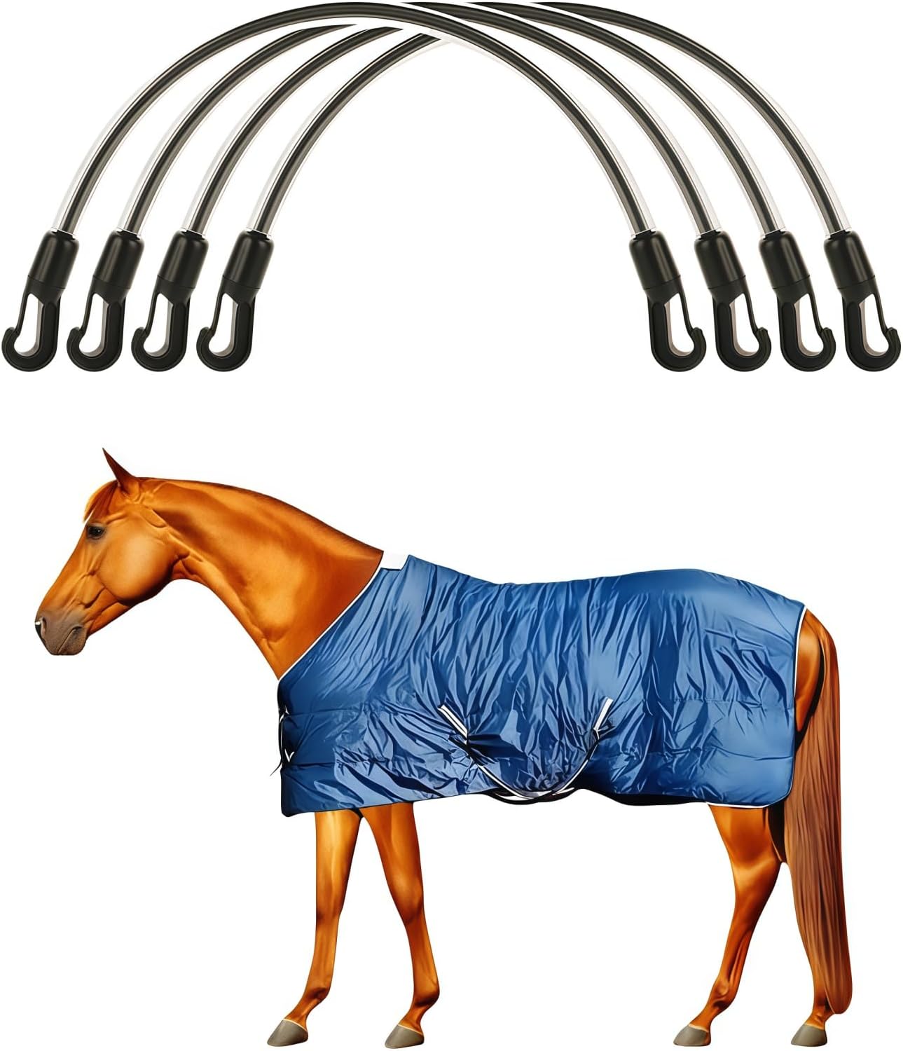 Horse Blanket Straps – Adjustable Elastic Tail & Leg Straps with Double-Ended Clips Horse Blanket Leg Straps, 21″ Stretchy Replacement Straps for Horse Blankets & Stall Buckets（ 4 Pack ）