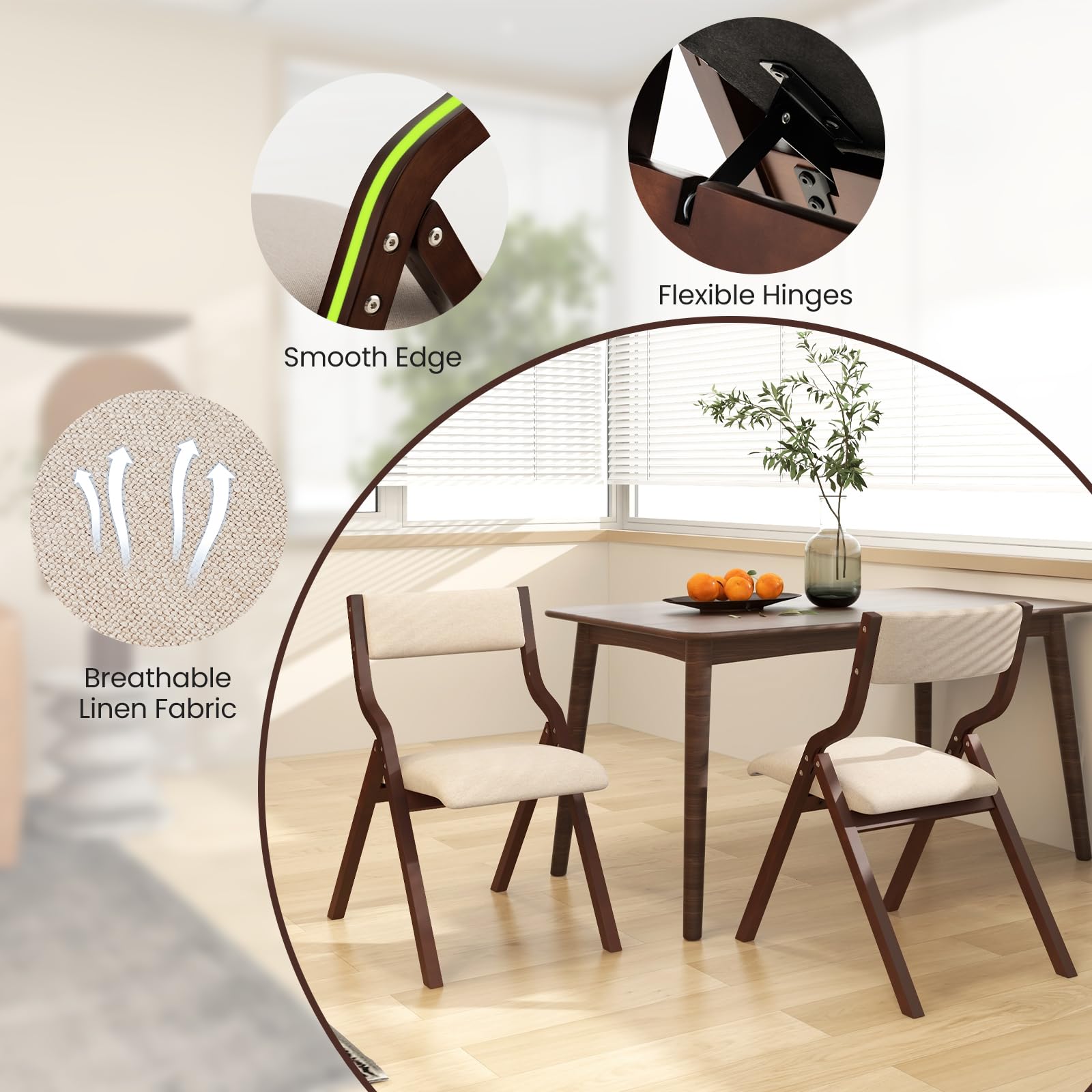 GIANTEX Juego de 2 Sillas de Comedor Plegables, Asiento Acolchado y Respaldo Ergonómico, Diseño Ahorra Espacio, Carga hasta 140 kg, Sillas para Cocina, Salón (Marrón+Beige)