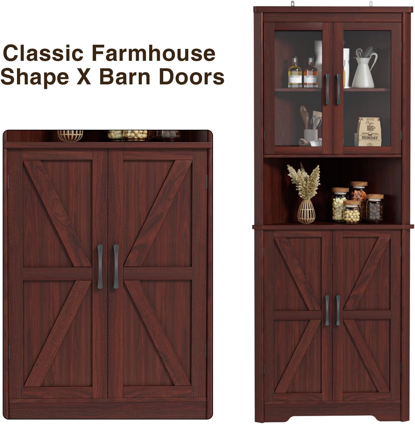 Close-up image of the lower section of the FiveWillowise corner cabinet, featuring the classic farmhouse style barn doors.