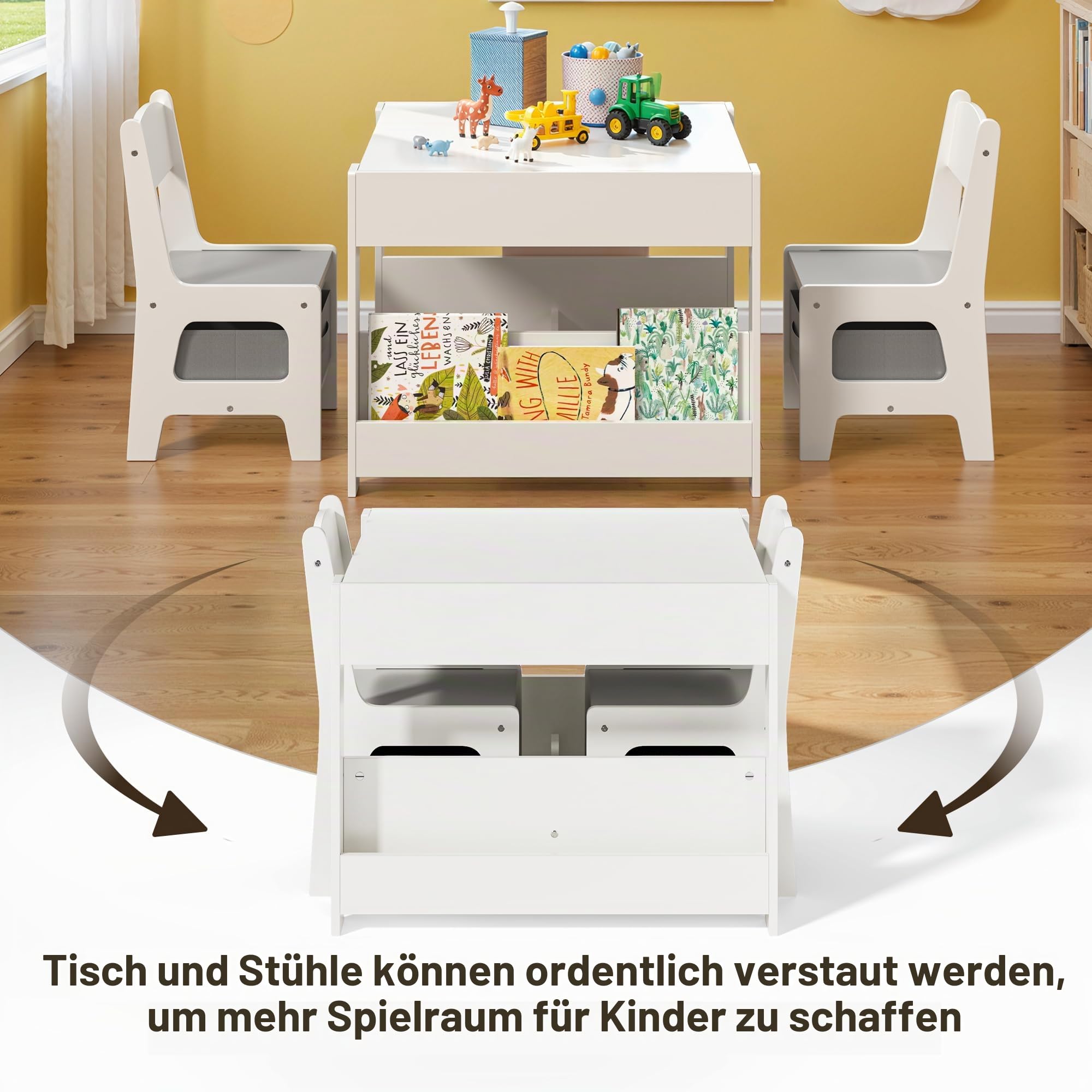 Xbro Kindertisch mit 2 Stühlen, 4 in 1 Kinder Maltisch mit Stauraum, multifunktionale Kindersitzgruppe aus Holz mit Bücherregal, für Kinder ab 3 Jahren, 61,5 × 61,5 × 48 cm, Grau