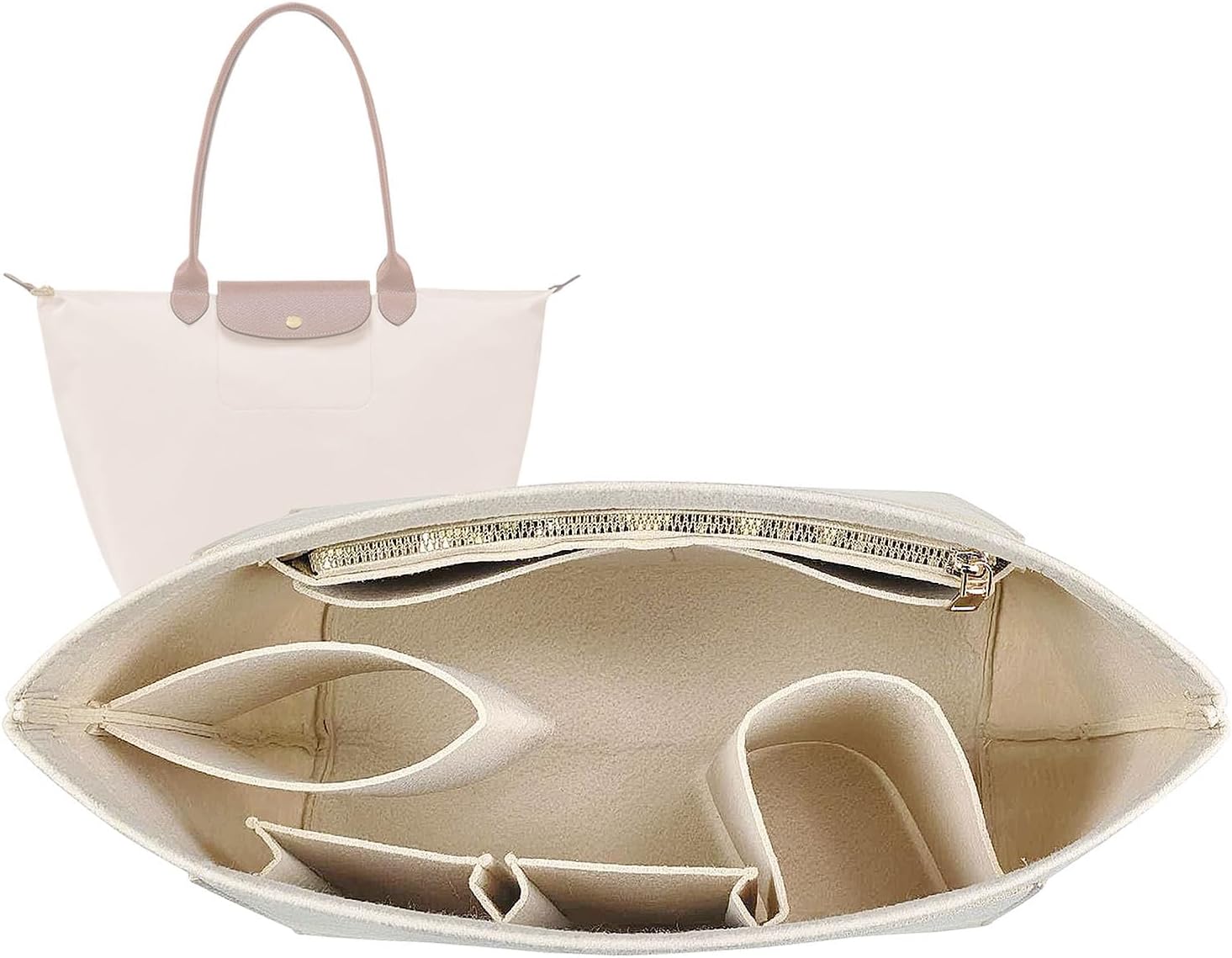 Lckaey tote bag organizer insert for Longchamp le pliage large tote insert felt purse zipper bag organizer 1028beige-S