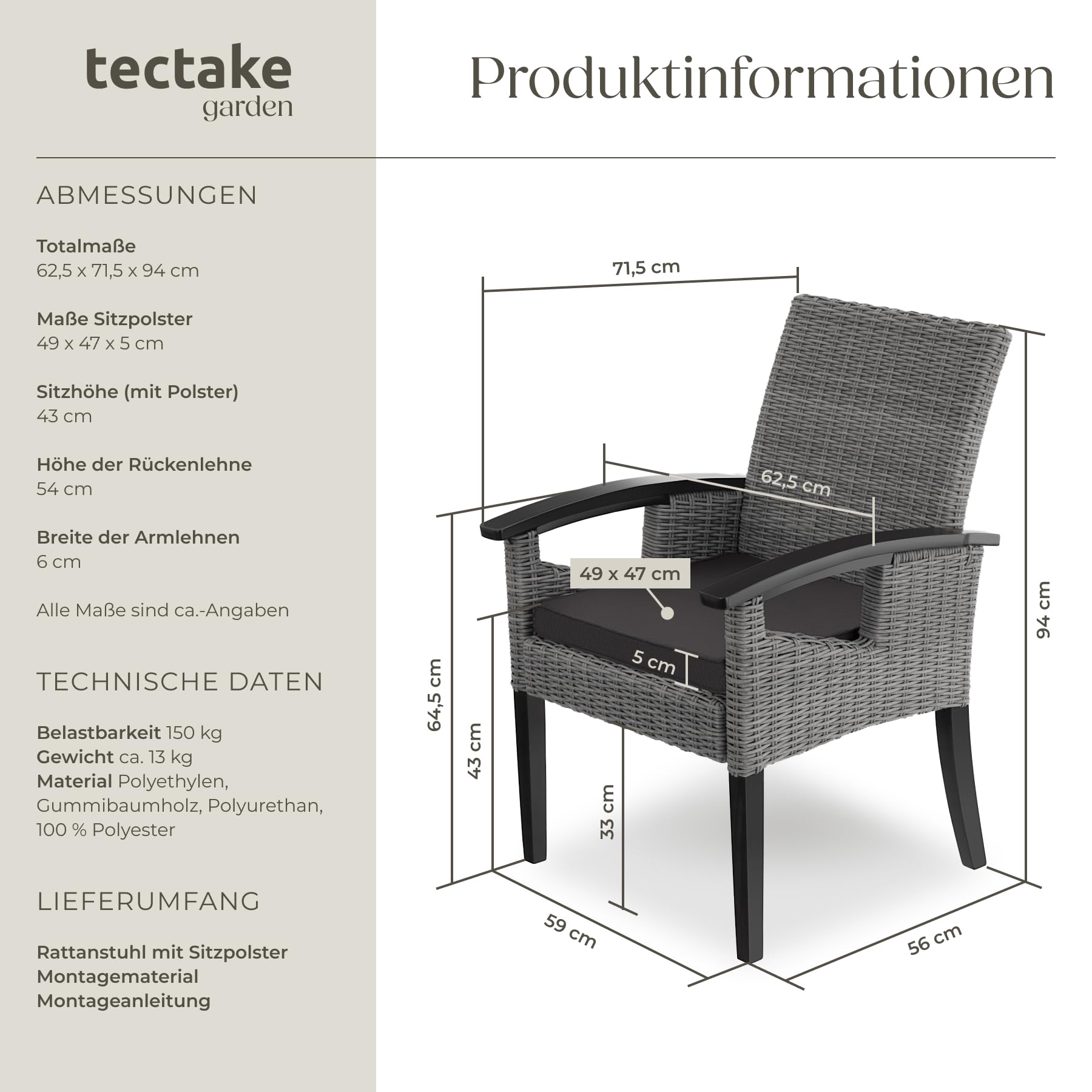 tectake® Rattan Geflecht Stuhl mit Armlehne, Möbel wetterfest für Garten, Terrasse und Balkon, Outdoor Esszimmerstuhl, Sessel, Balkonmöbel, Gartenmöbel, Gartenstühle - grau