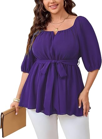 Womens Plus Size Square Neck Peplum Blouses Dressy Tops 3/4 Puff Sleeve Empire Waist Tie Ruffle Hem Babydoll Top
