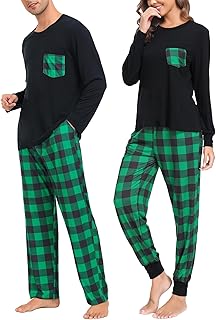 SWOMOG Adult Christmas Pajamas Buffalo Plaid Pajama Pants with Pockets Long Sleeve Tops for Couples & Family