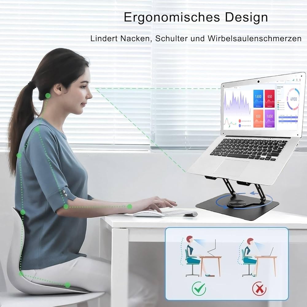 Supporto Ergonomico Per Laptop In Alluminio, Base Girevole 360°, Altezza Regolabile, Compatibile 10-17 Pollici, Portata 10kg - 2