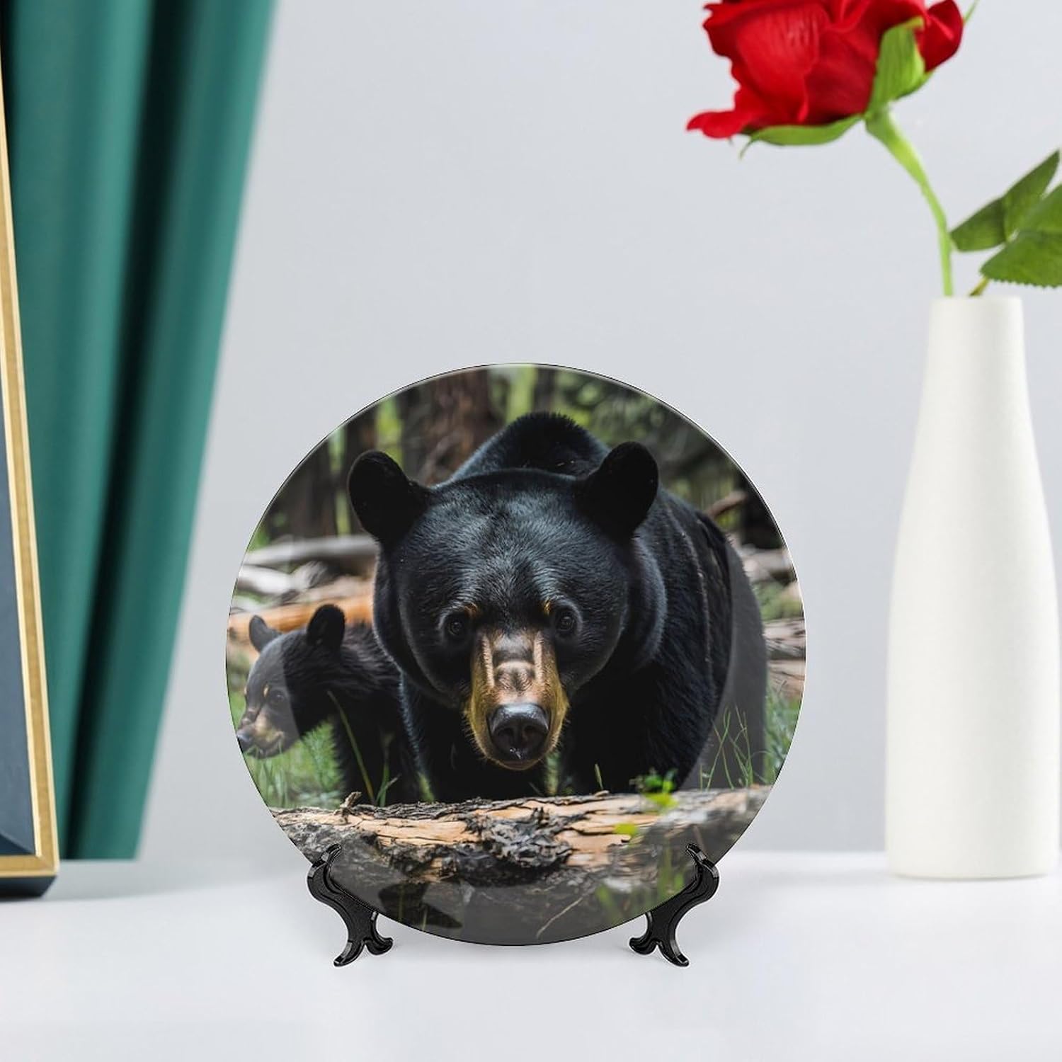 Black Bears in Forests Bone China Decorative Porcelain Plates Dinnerware Ornaments