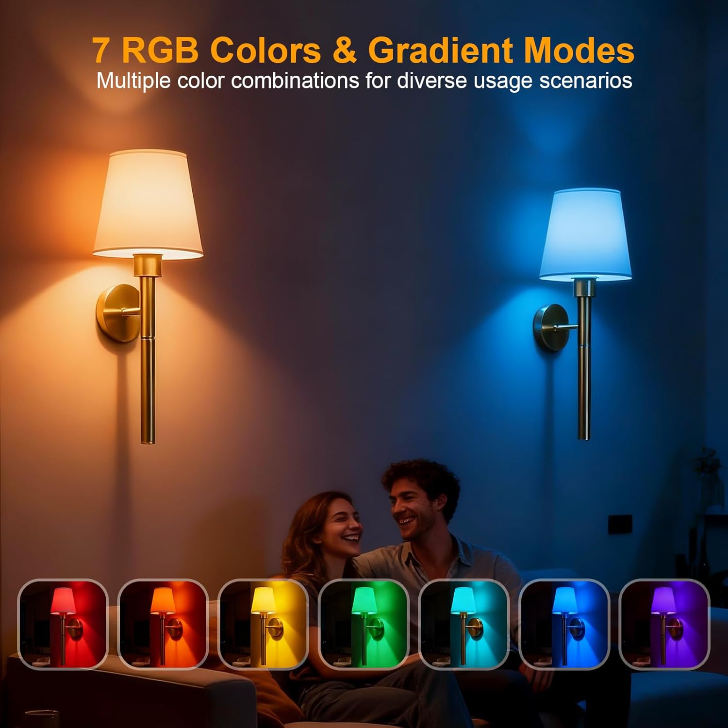 Tomshine 2 Pack Battery Operated Wall Sconces, 5200mAh Rechargeable Wireless Wall Lights with Remote, Magnetic Detachable RGB Dimmable Gold Fabric Lamp for Bedroom Living Room
