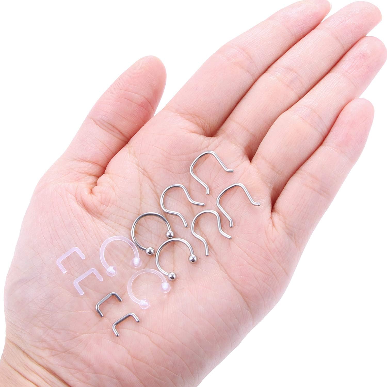 Hoeudjo 12Pcs 14G & 16G Septum Retainer Clear Acrylic & Surgical Steel Septum Nose Rings Hoop Horseshoe Cartilage Tragus Ring Body Piercing Jewelry for Women & Men