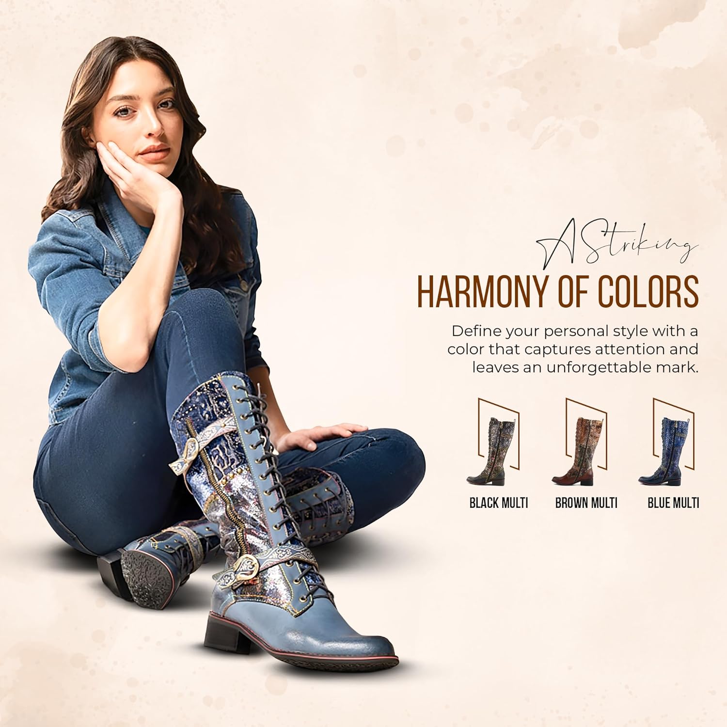 L'Artiste Vaneyck Knee High Boots for Women with Iridescent Metallic Upper | Ladies Tall Boots with Decorative Double Buckles and Lace Up Zipper Closure