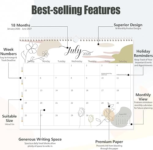 Vista 3 de Guasslee Wall Calendar 2026-2027, 2026 Calendar Wall, 18-Month Planner Wall, 2026 Jan - 2027 Jun, 14" X 11" Monthly Calendar Spiral Bound with Thick