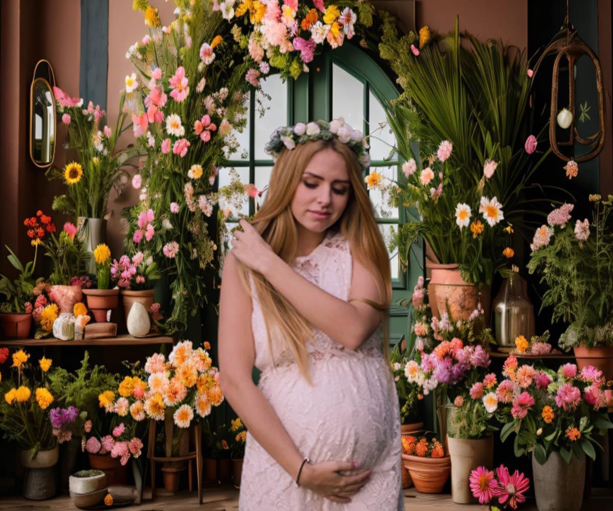 10x10ft Spring Flower Backdrop for Photography Indoor Blooming Flower Arch Wooden Door Floral Photo Background Video Photo Shoot Wedding Portrait Background Studio Photo Booth Props