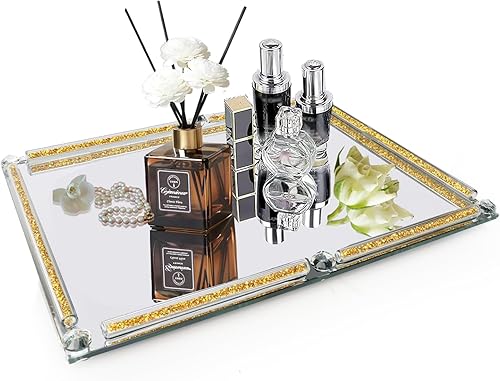 Miniatura 9 de Bandeja de cristal de cristal, bandeja de tocador de espejo, bandeja de decoración dorada para tocador, bandeja de maquillaje cosmético para joyas,