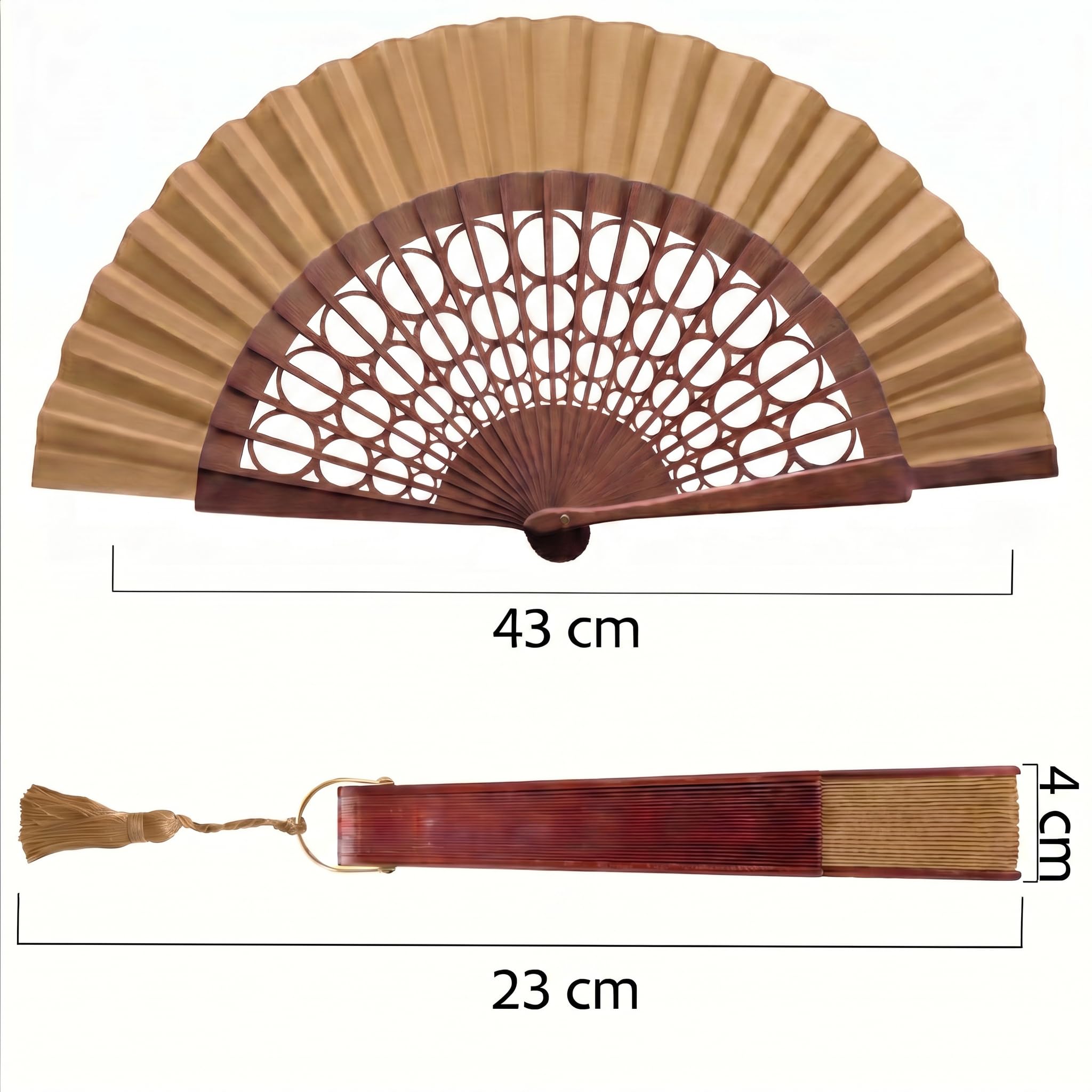 Abanico Español Artesanal 100% Algodón y Madera de Sipo Grande para Mujer Camel Esfera